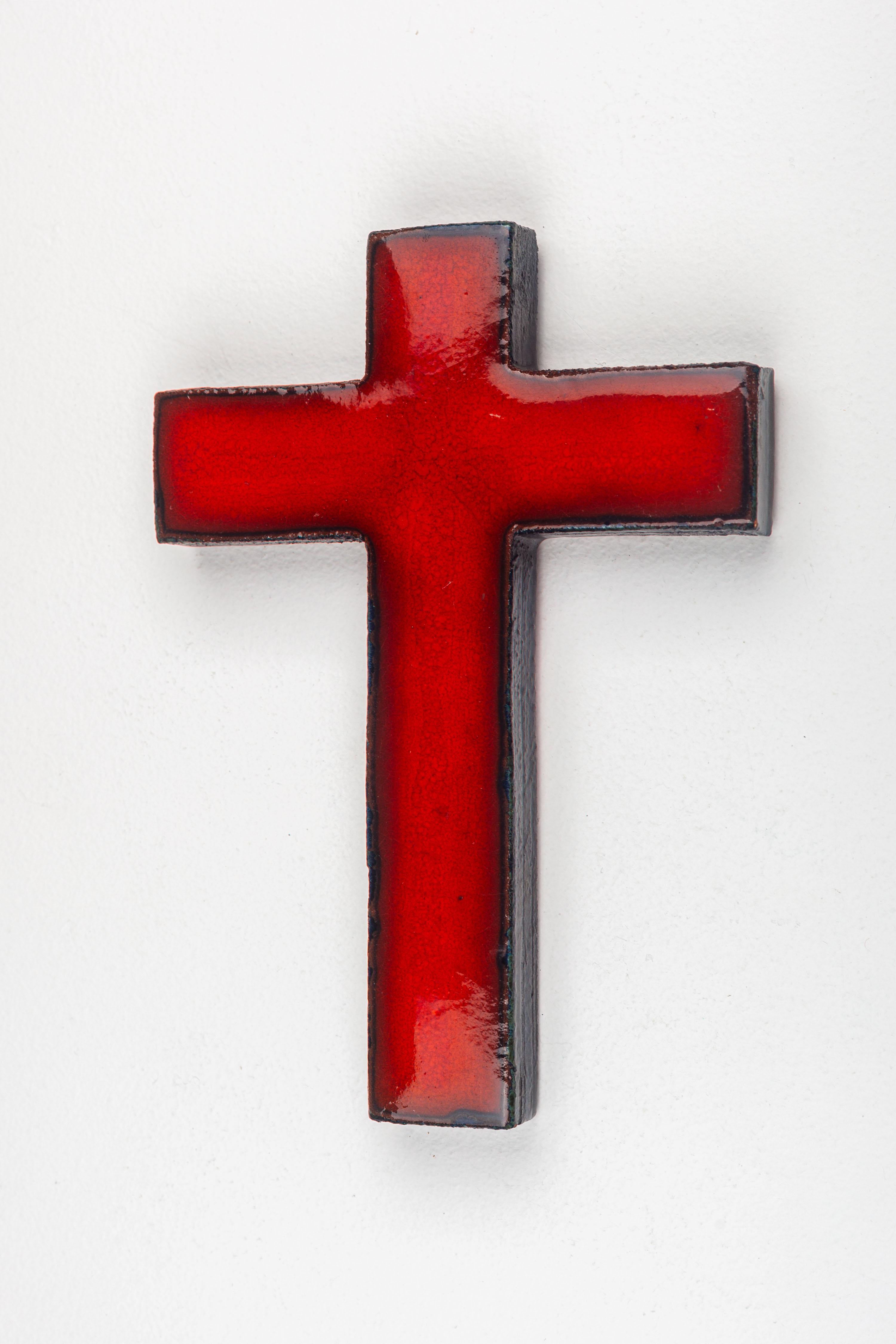Mid-20th Century Midcentury European Red Glossy Ceramic Cross Unique Vintage Collectible For Sale