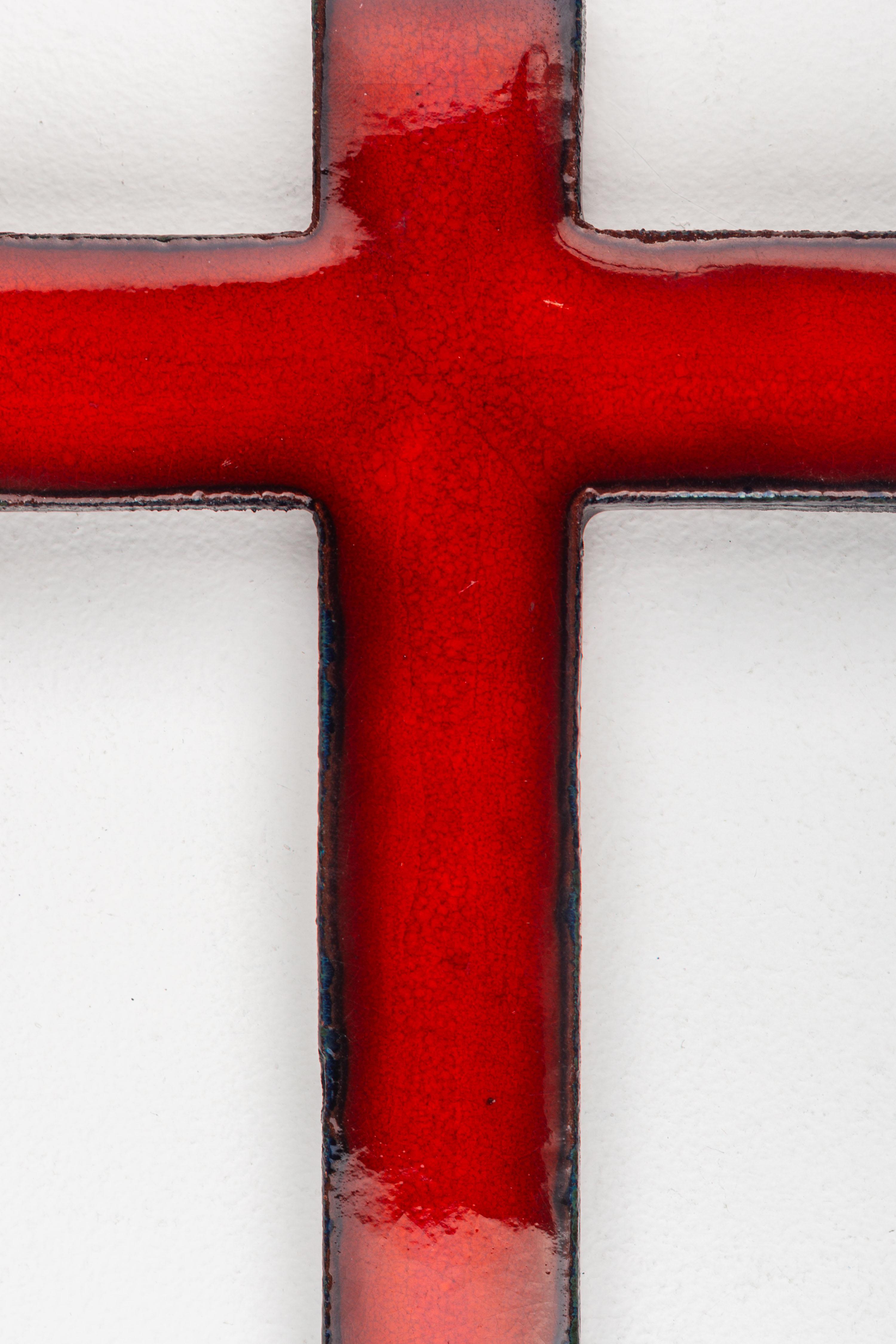 Midcentury European Red Glossy Ceramic Cross Unique Vintage Collectible For Sale 1