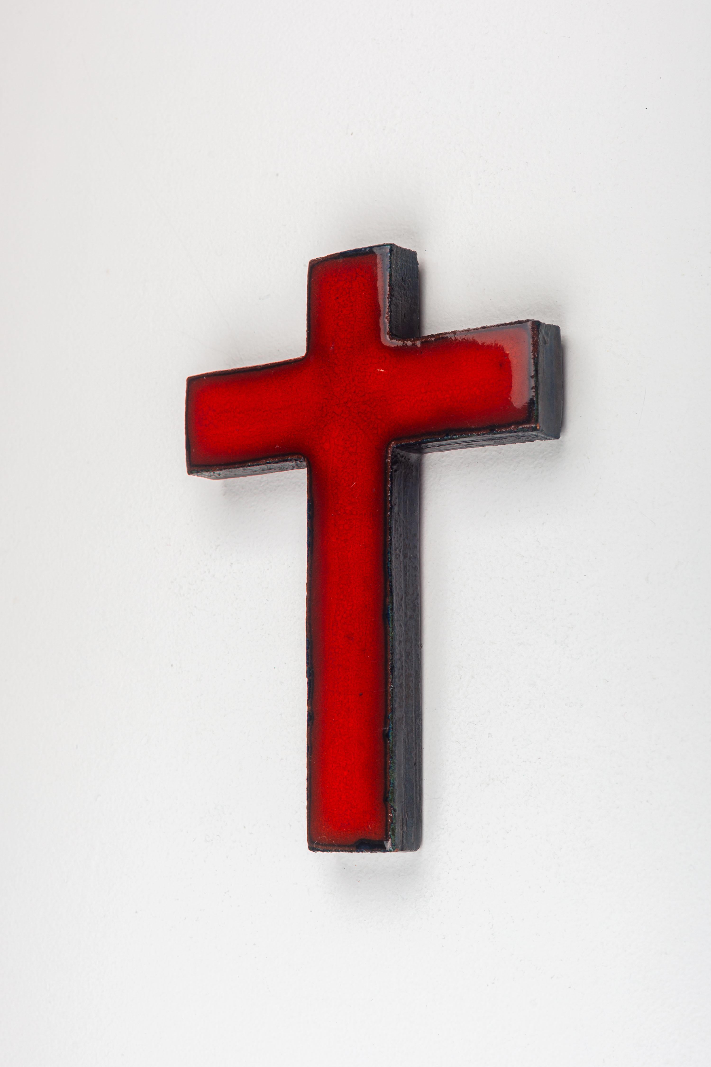 Midcentury European Red Glossy Ceramic Cross Unique Vintage Collectible For Sale 3