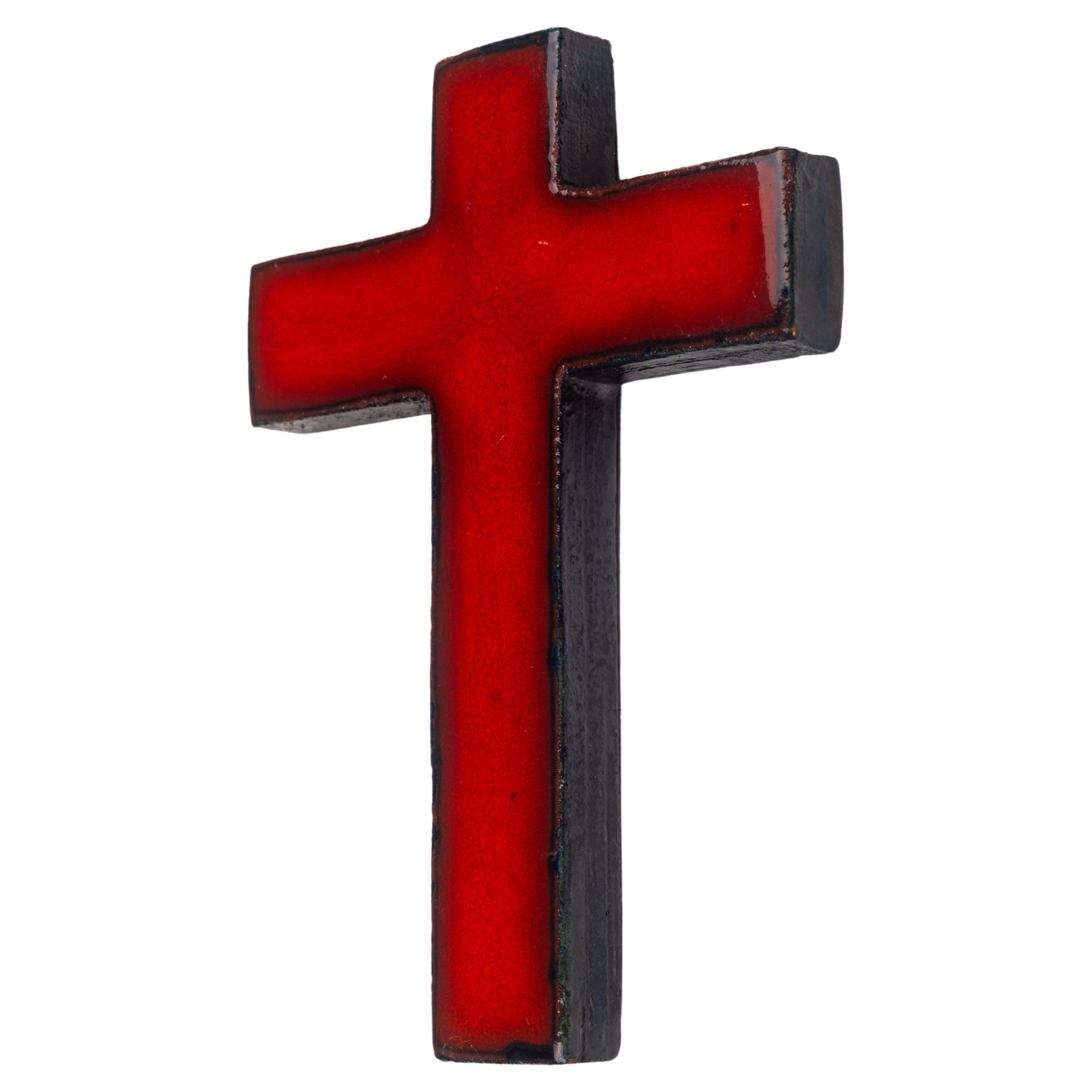 Midcentury European Red Glossy Ceramic Cross Unique Vintage Collectible For Sale