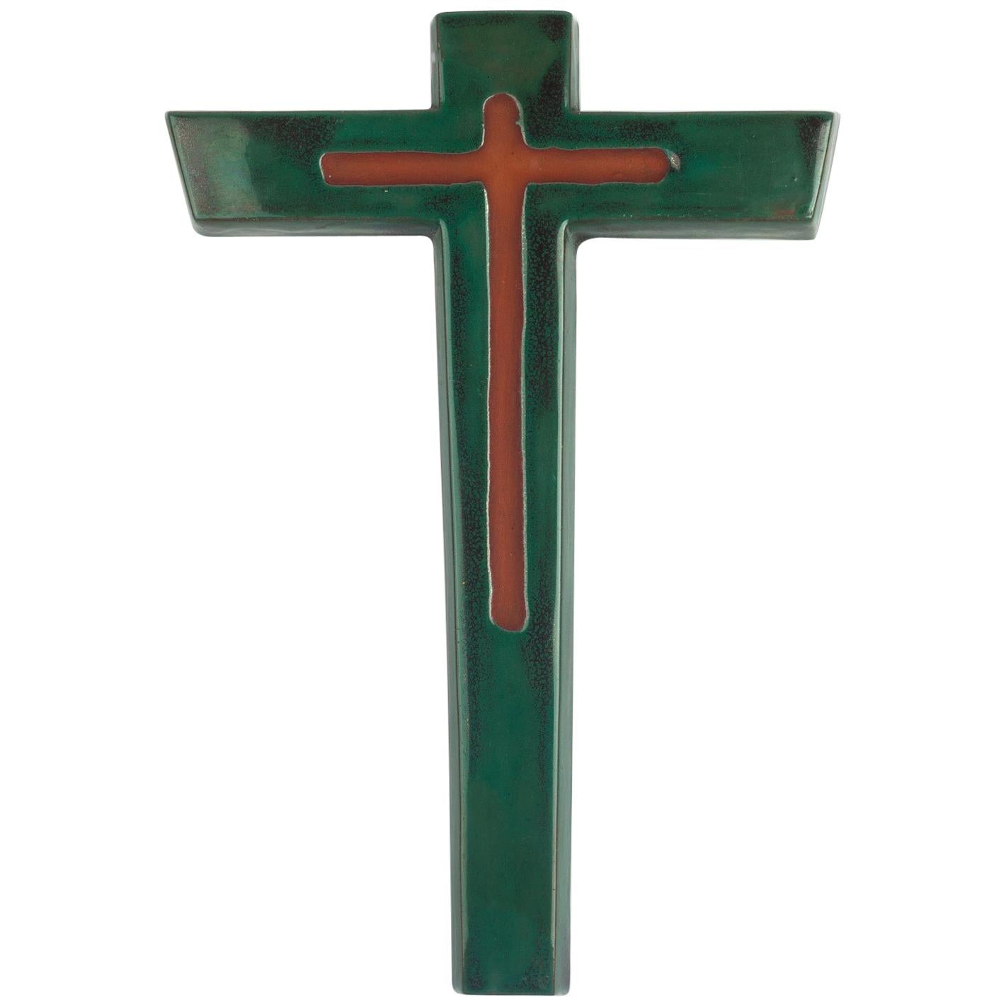 Midcentury European Wall Cross, Brown, Green, Glazed Ceramic, Handmade, 1970 For Sale