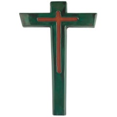 Midcentury European Wall Cross, Brown, Green, Glazed Ceramic, Handmade, 1970