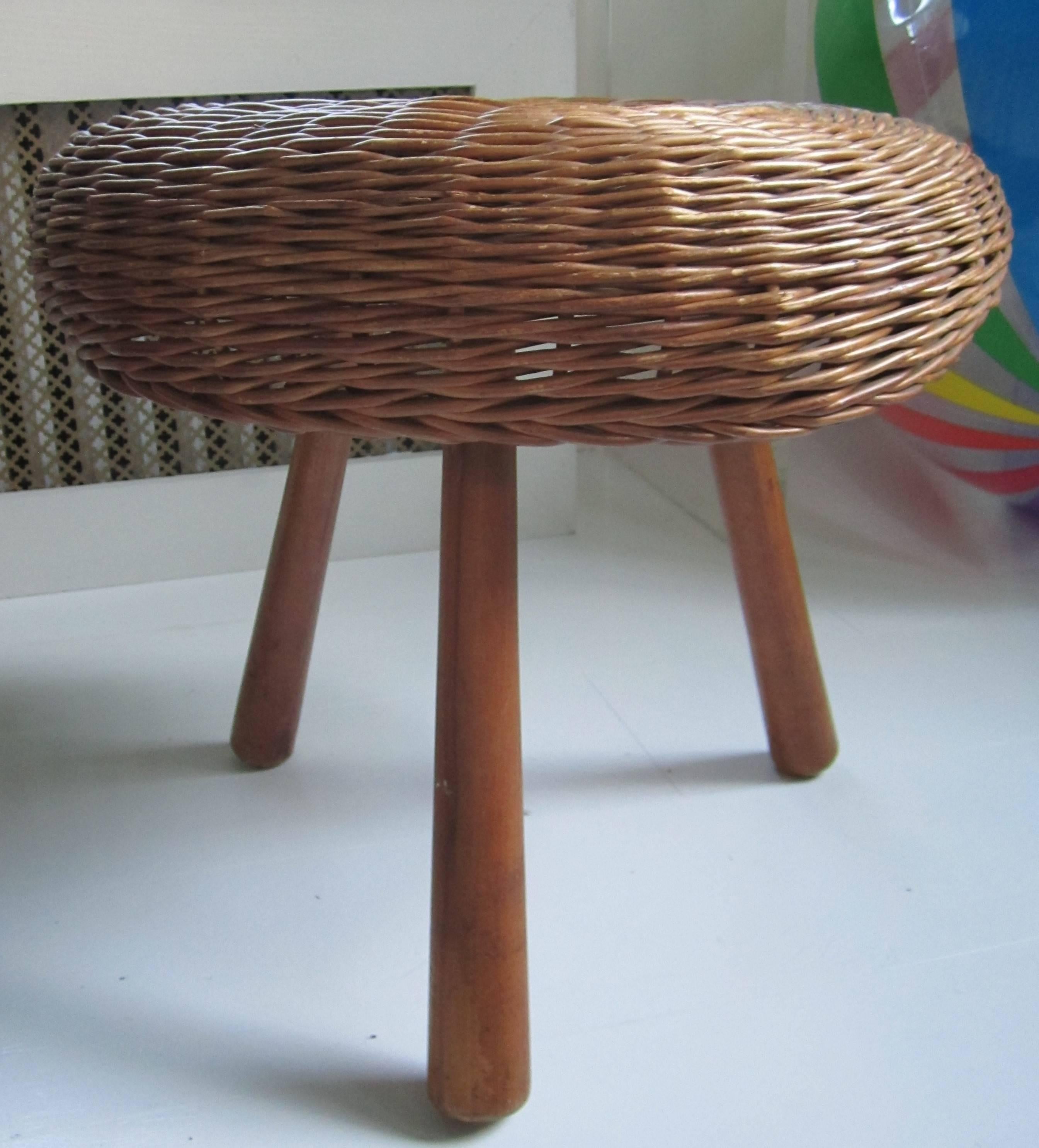 Midcentury European Wicker and Wood Stool or Side Table In Good Condition In New York, NY