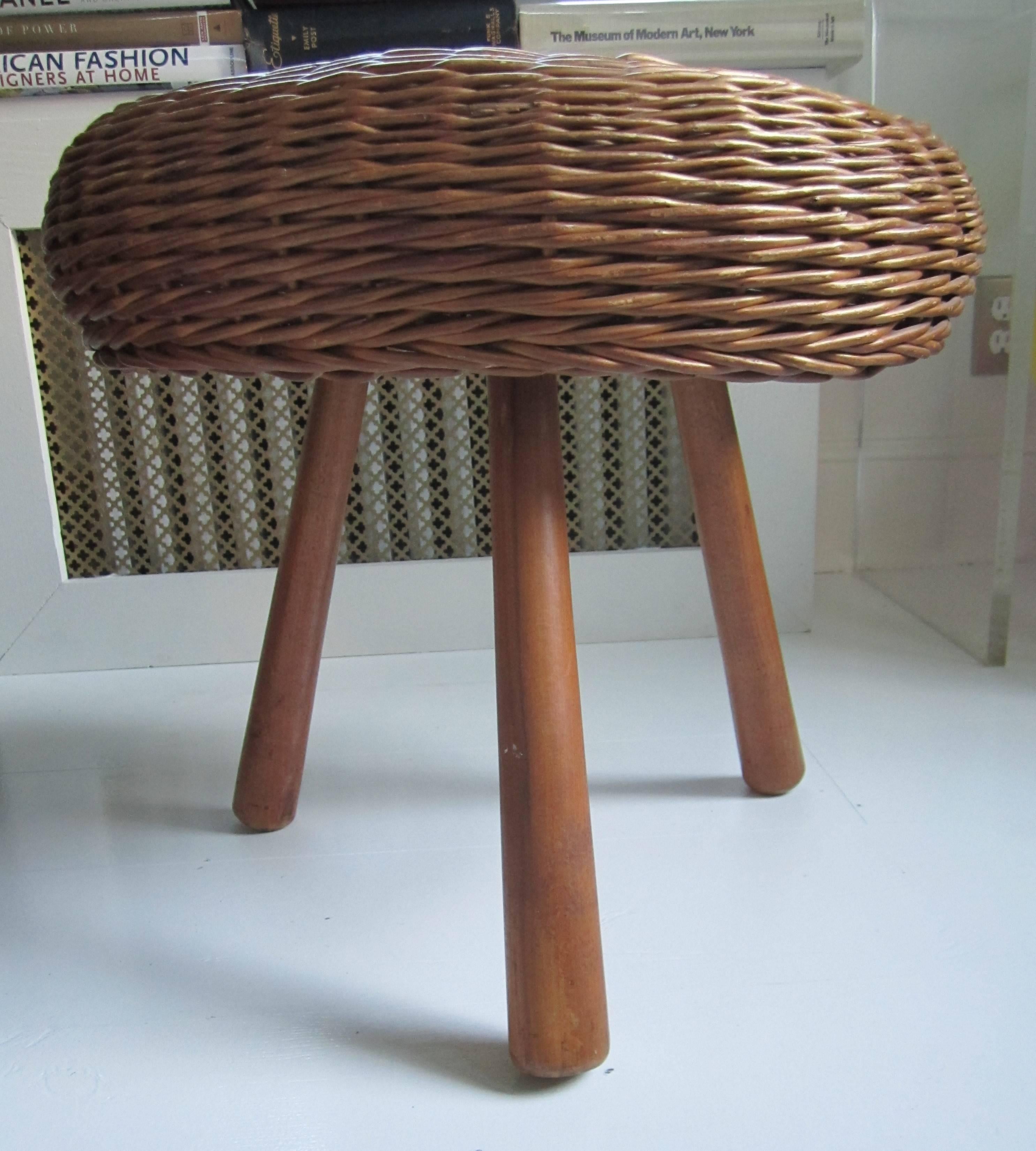 Mid-20th Century Midcentury European Wicker and Wood Stool or Side Table