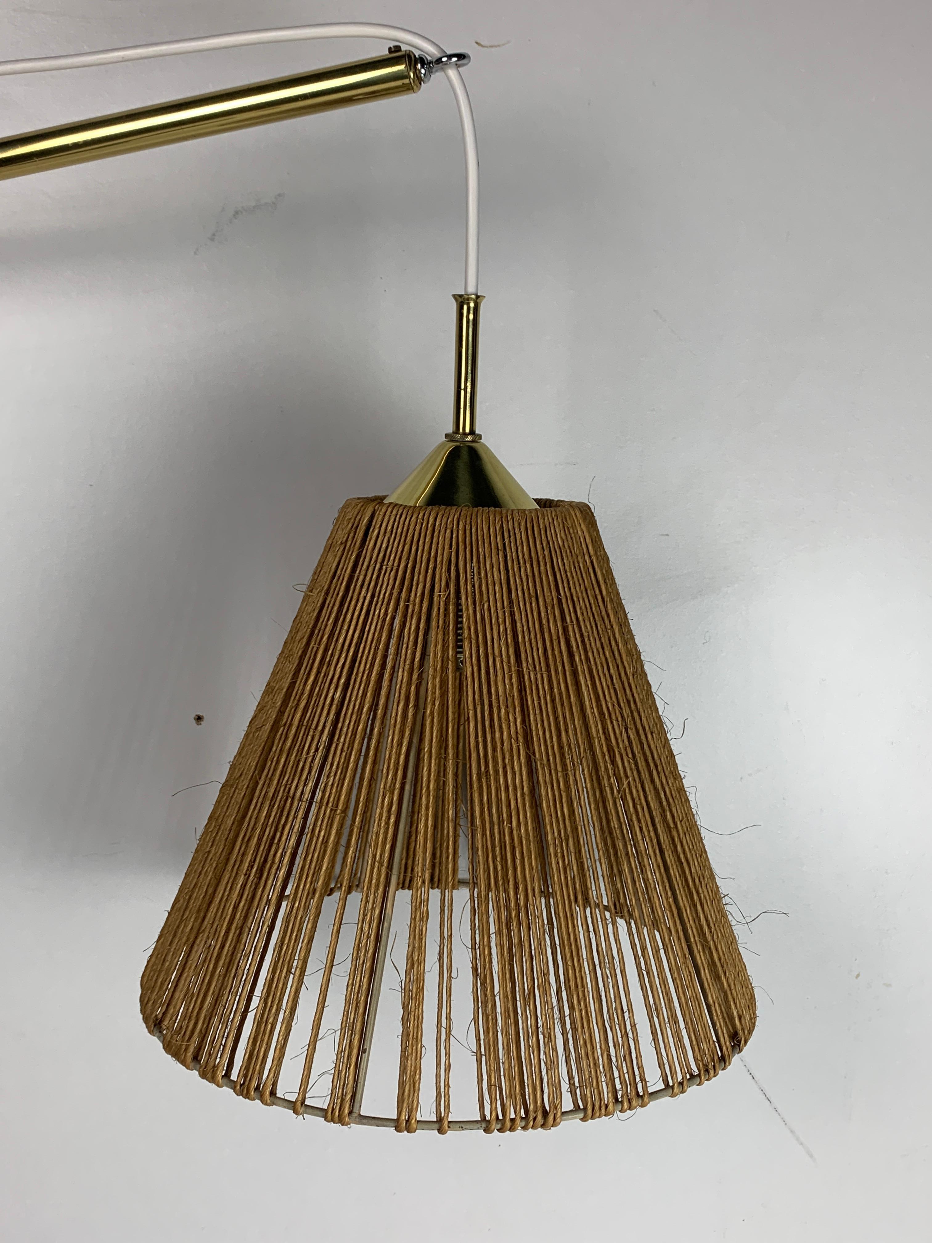 Midcentury extendable brass wall mount with cocoon and sisal shade Lars Schioler in vendita 2
