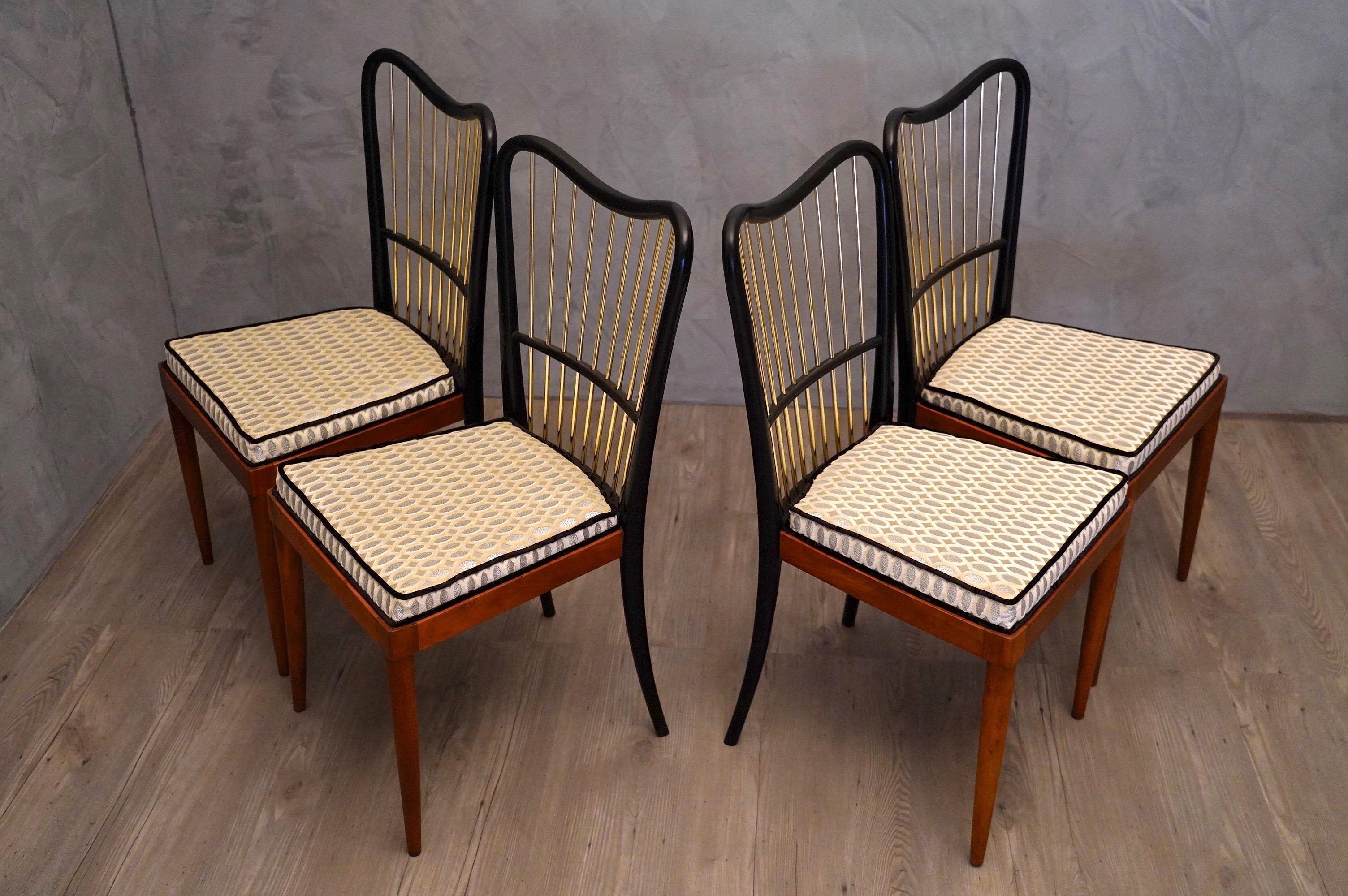 Midcentury Fabric Black Shellac and Brass Italian Chairs, 1950 5