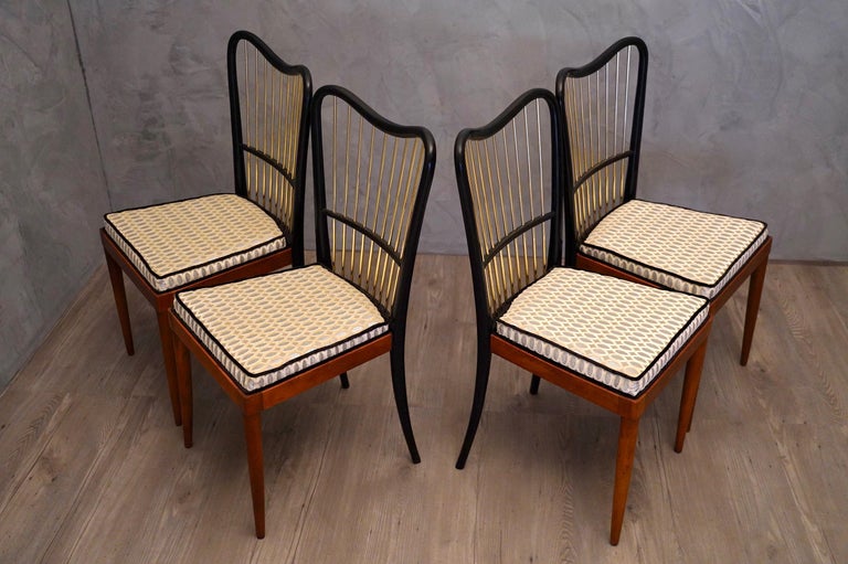 Midcentury Fabric Black Shellac and Brass Italian Chairs, 1950 For Sale 5