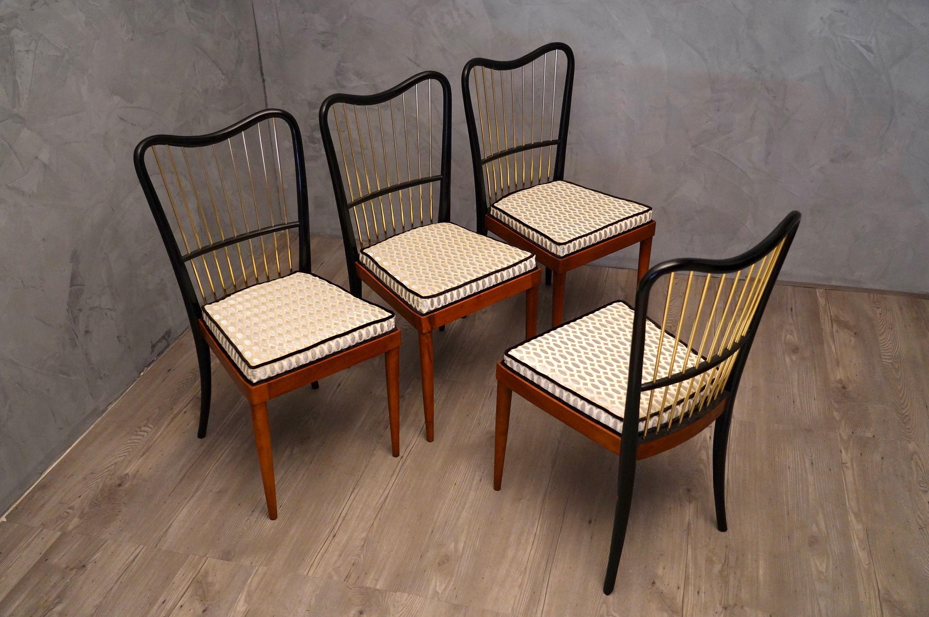 Midcentury Fabric Black Shellac and Brass Italian Chairs, 1950 7