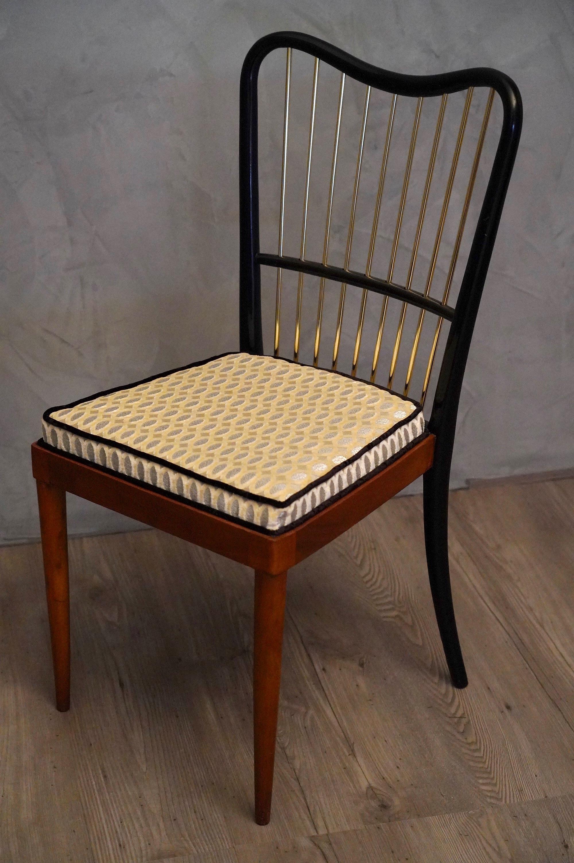 Midcentury Fabric Black Shellac and Brass Italian Chairs, 1950 8