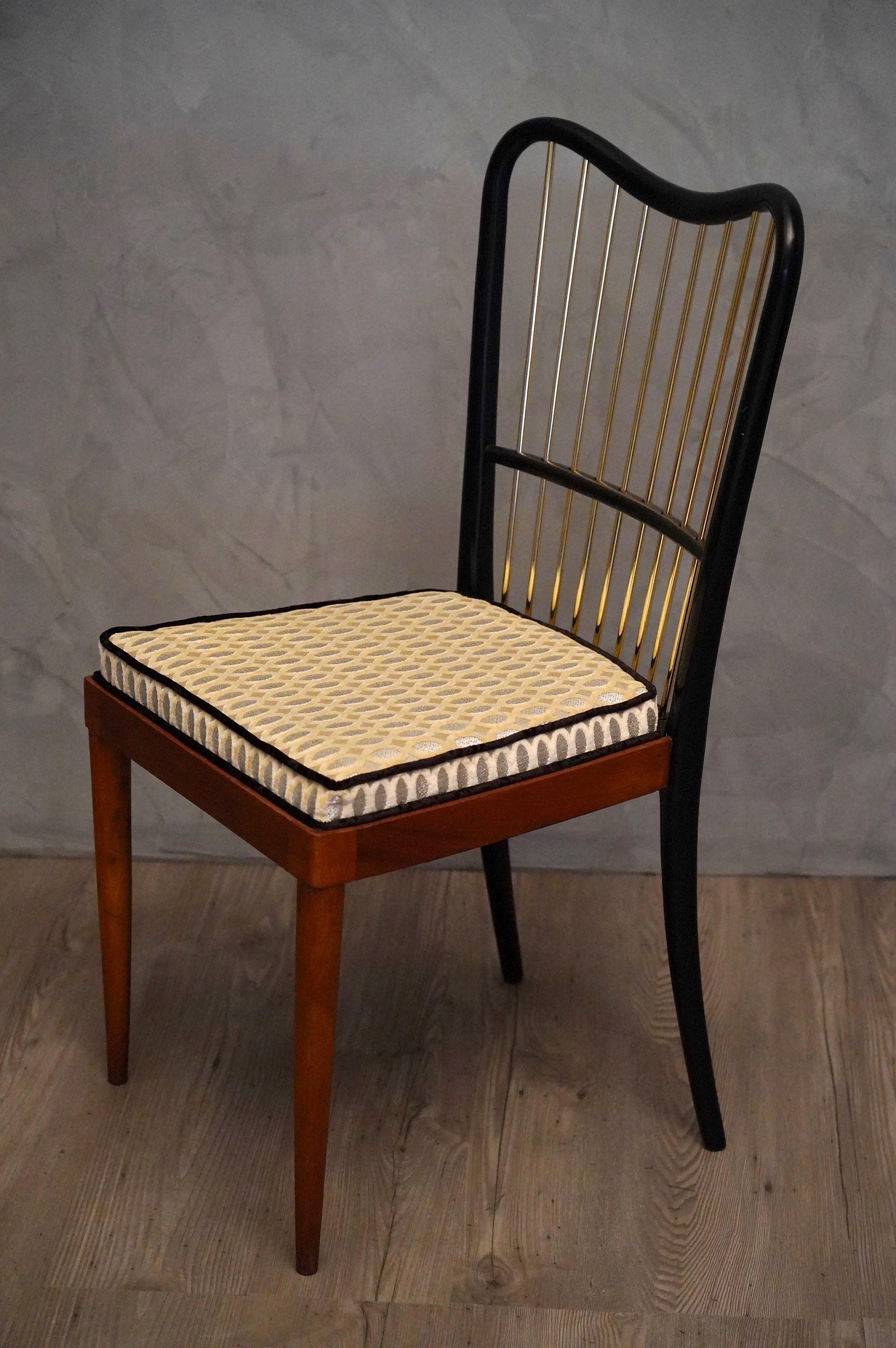 Mid-Century Modern Midcentury Fabric Black Shellac and Brass Italian Chairs, 1950