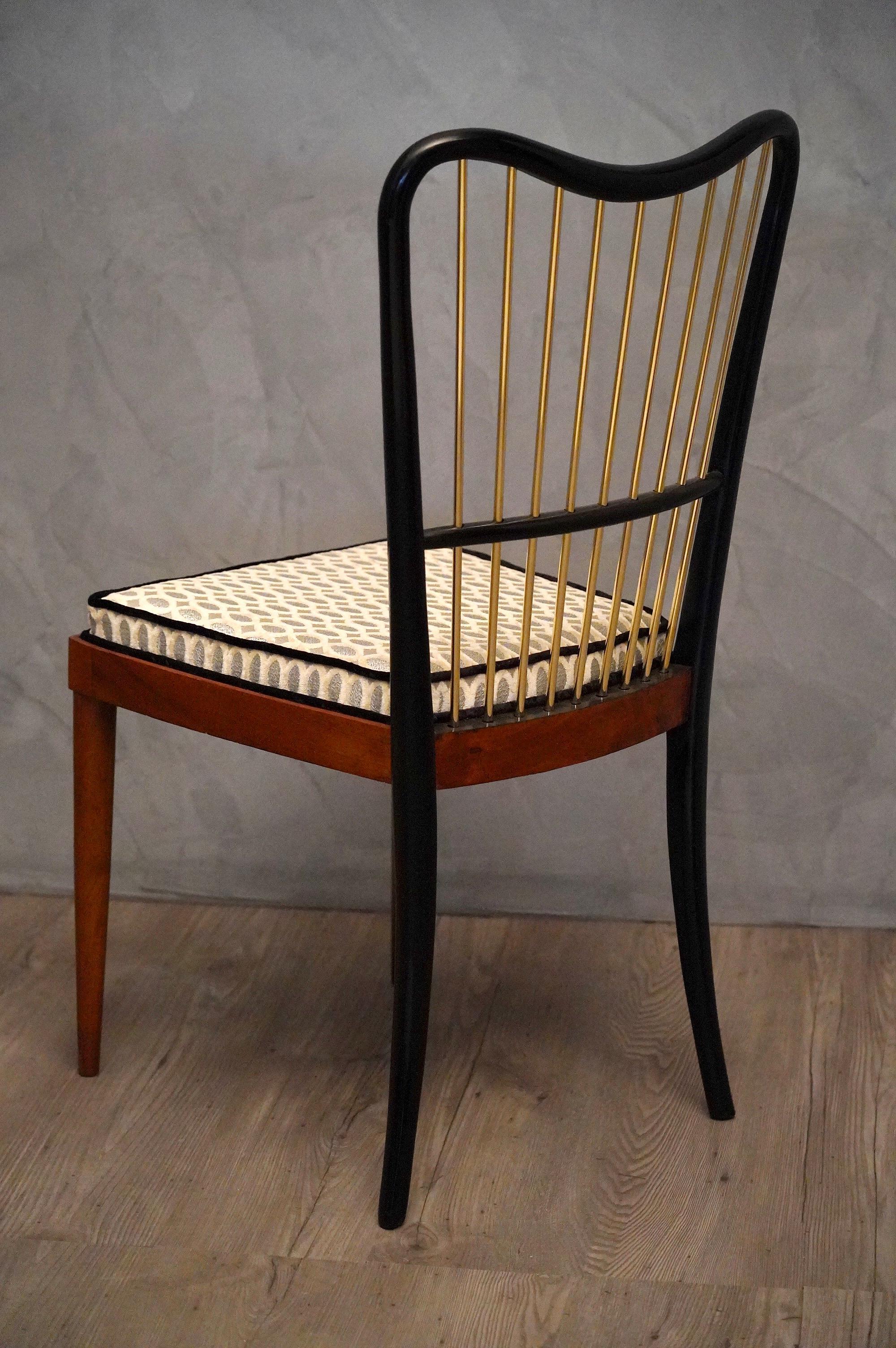 Midcentury Fabric Black Shellac and Brass Italian Chairs, 1950 In Good Condition In Rome, IT