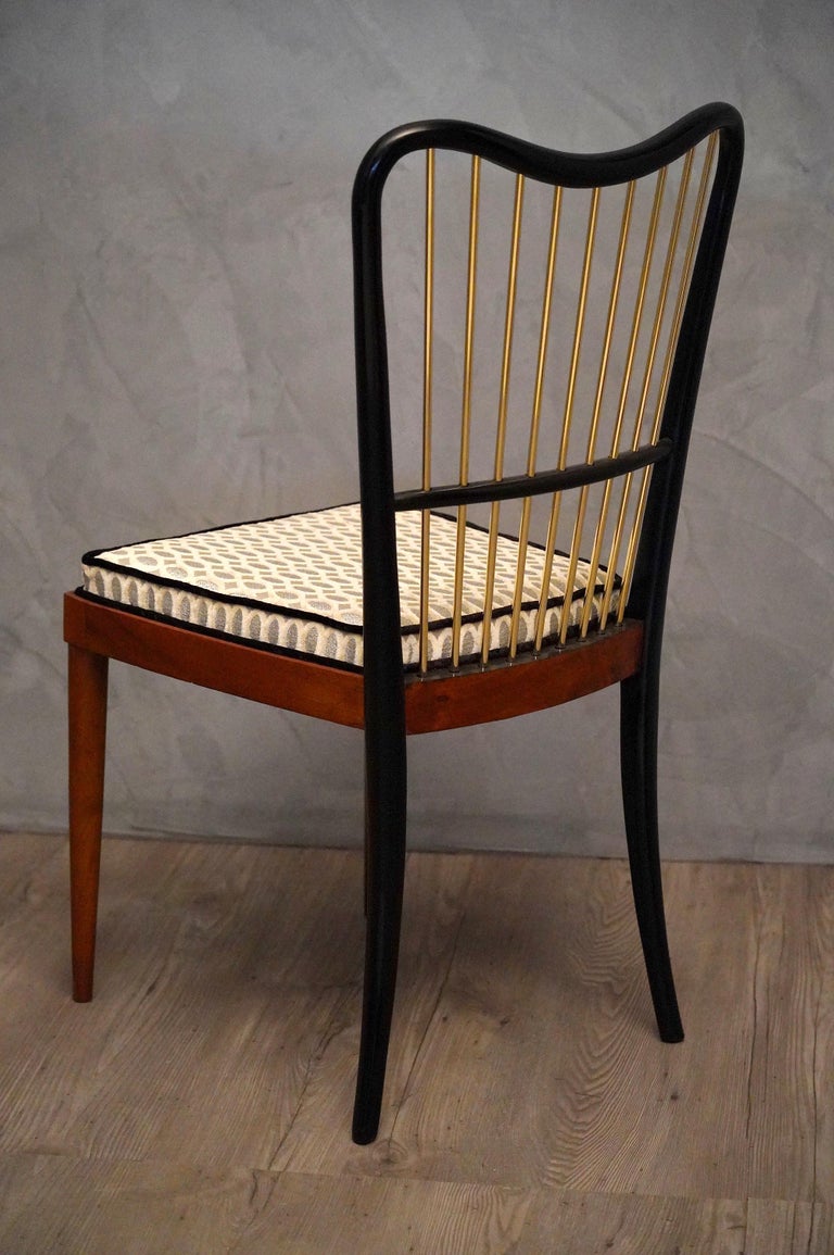 Midcentury Fabric Black Shellac and Brass Italian Chairs, 1950 In Good Condition For Sale In Rome, IT