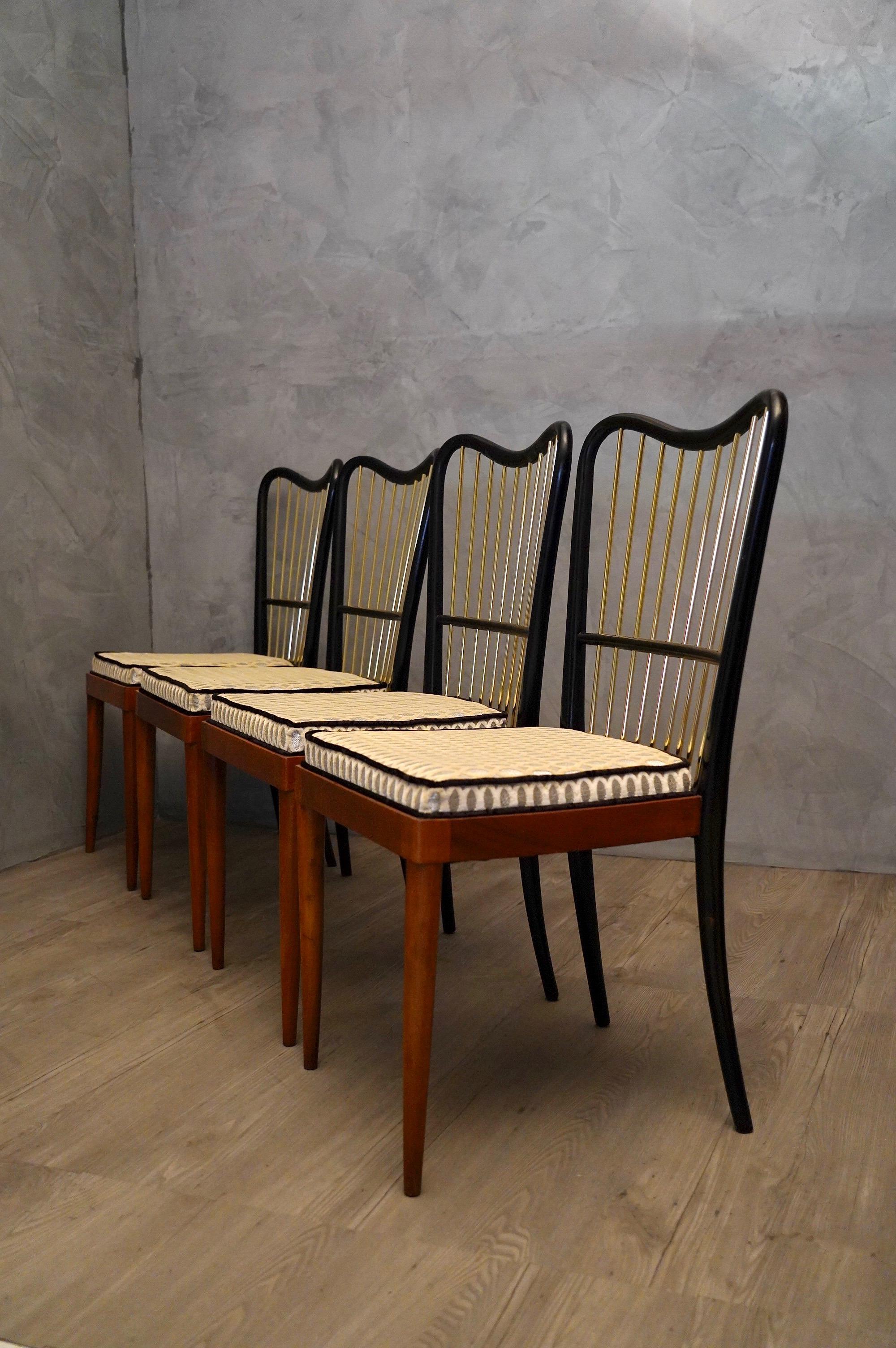 Mid-20th Century Midcentury Fabric Black Shellac and Brass Italian Chairs, 1950