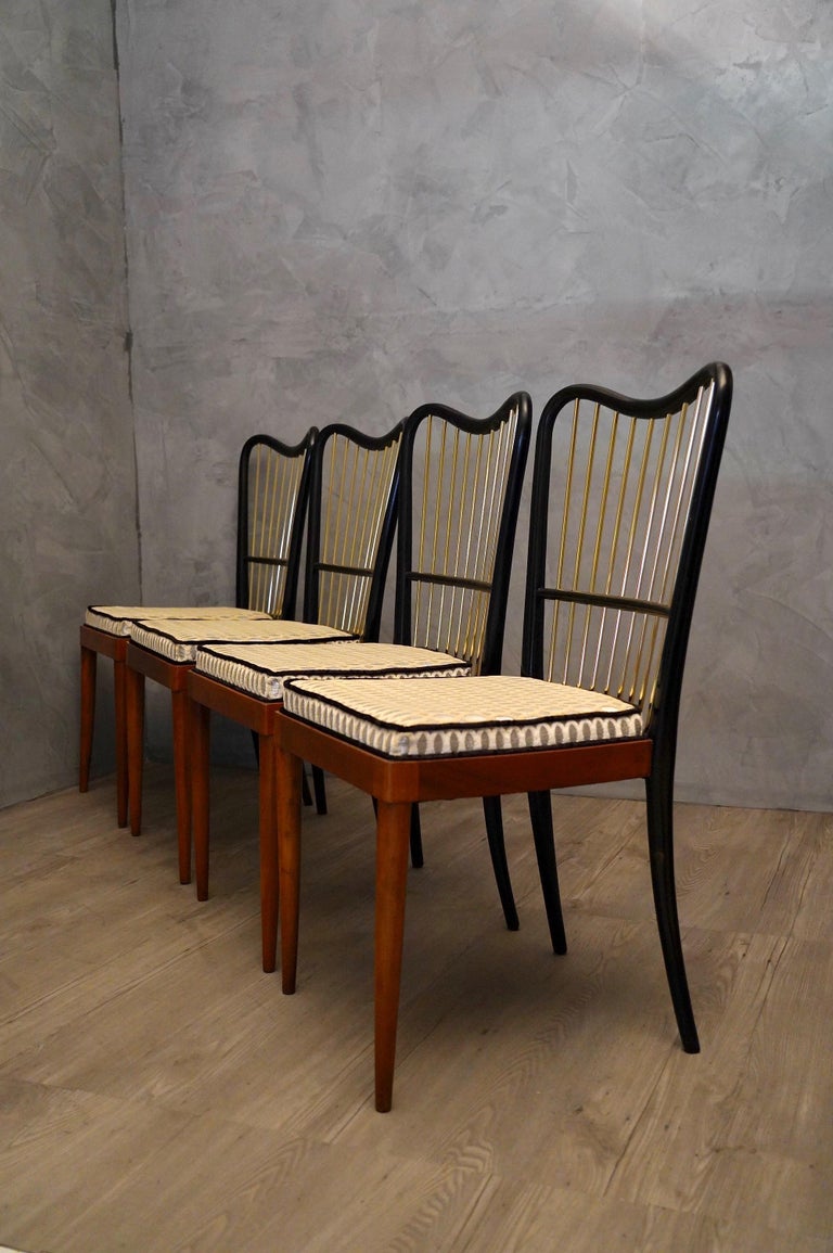 Mid-20th Century Midcentury Fabric Black Shellac and Brass Italian Chairs, 1950 For Sale
