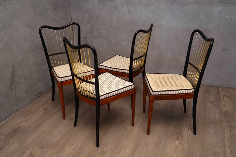 Midcentury Fabric Black Shellac and Brass Italian Chairs, 1950 For Sale 1