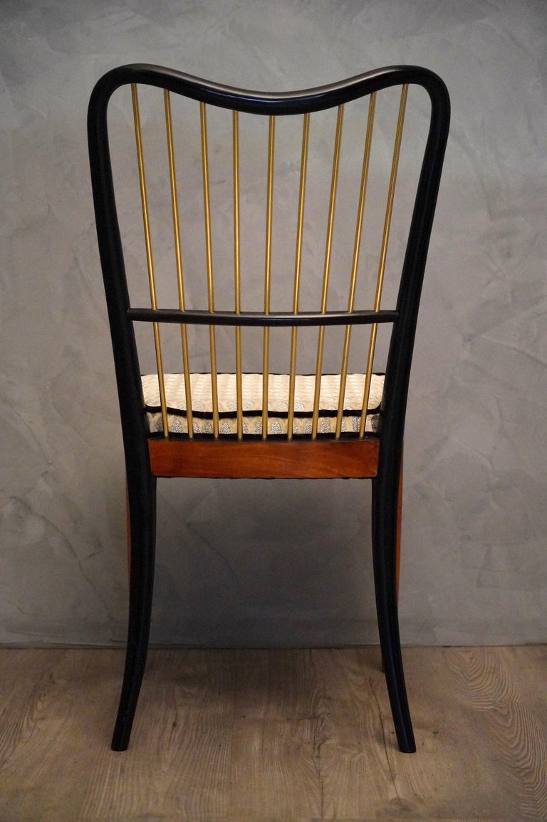 Midcentury Fabric Black Shellac and Brass Italian Chairs, 1950 For Sale 3
