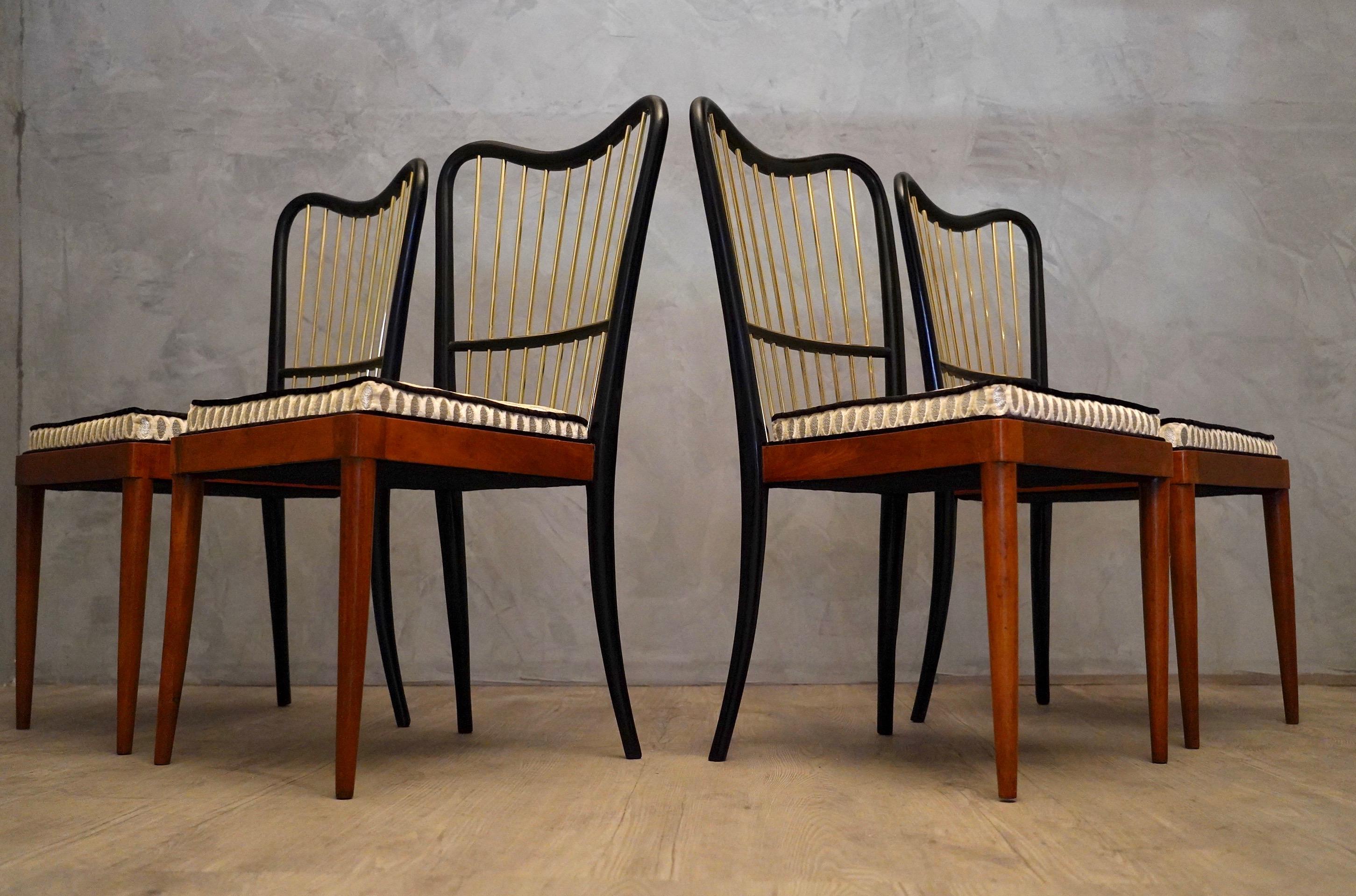 Midcentury Fabric Black Shellac and Brass Italian Chairs, 1950 4