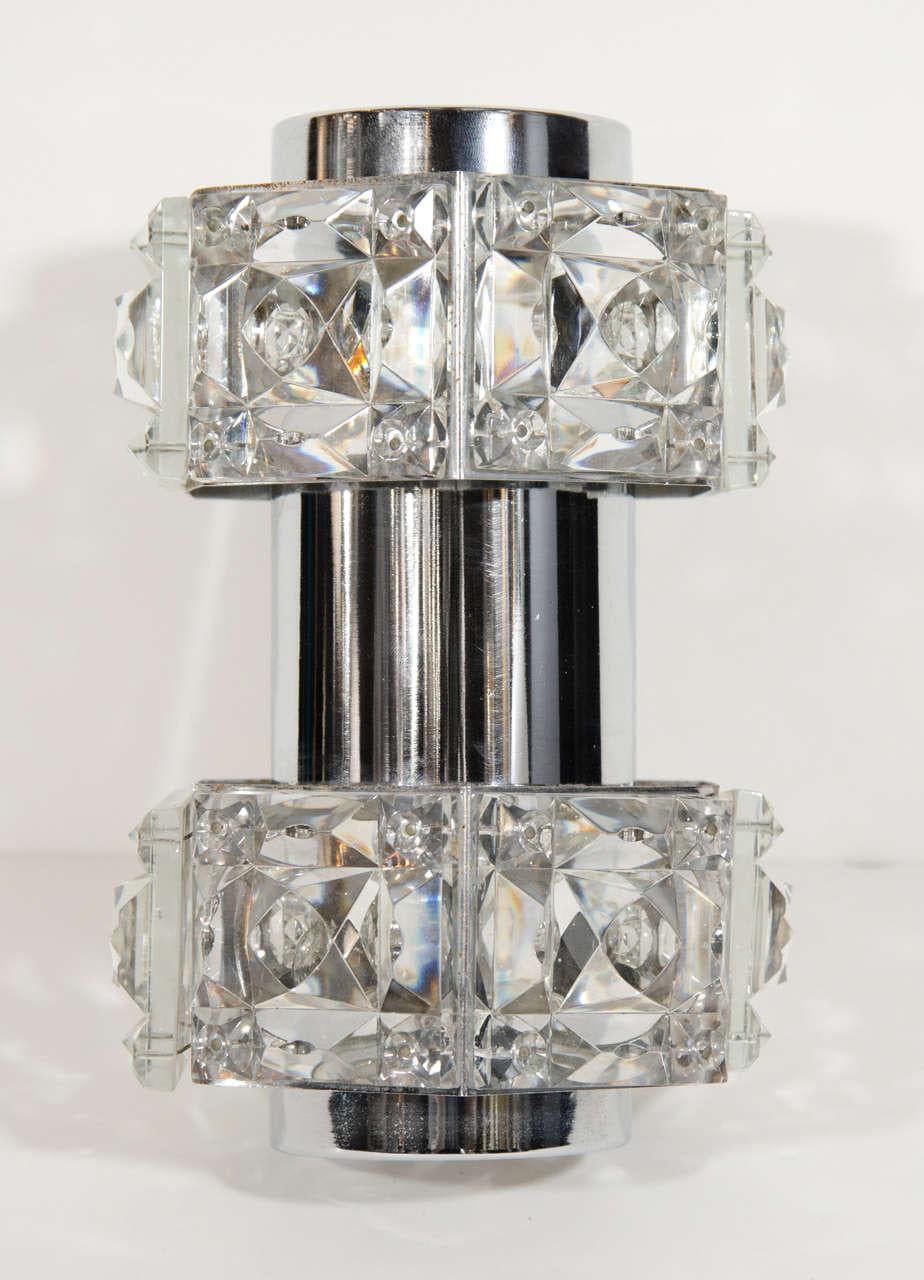 Midcentury Faceted Cut Crystal and Chrome Sconce by Kinkeldey In Good Condition In Fort Lauderdale, FL