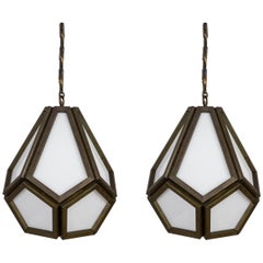 Midcentury Faceted Geometric Drop Pendants, Pair