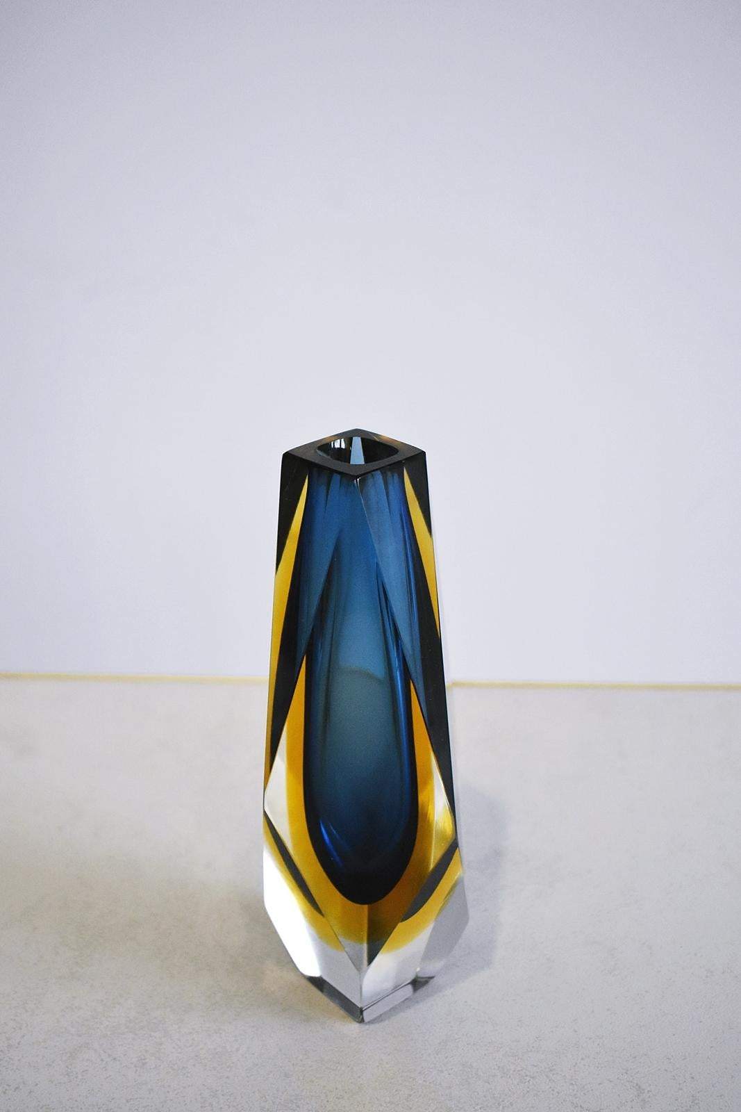 Mid-Century Modern Midcentury Faceted Murano Glass Strong Blue and Yellow Sommerso Vase