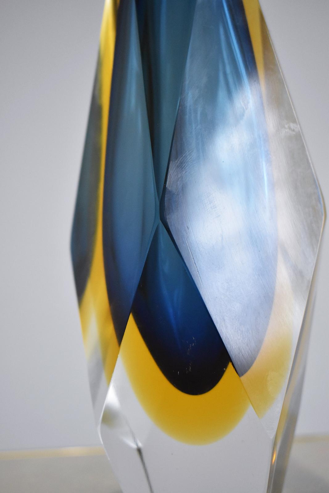 Midcentury Faceted Murano Glass Strong Blue and Yellow Sommerso Vase 1