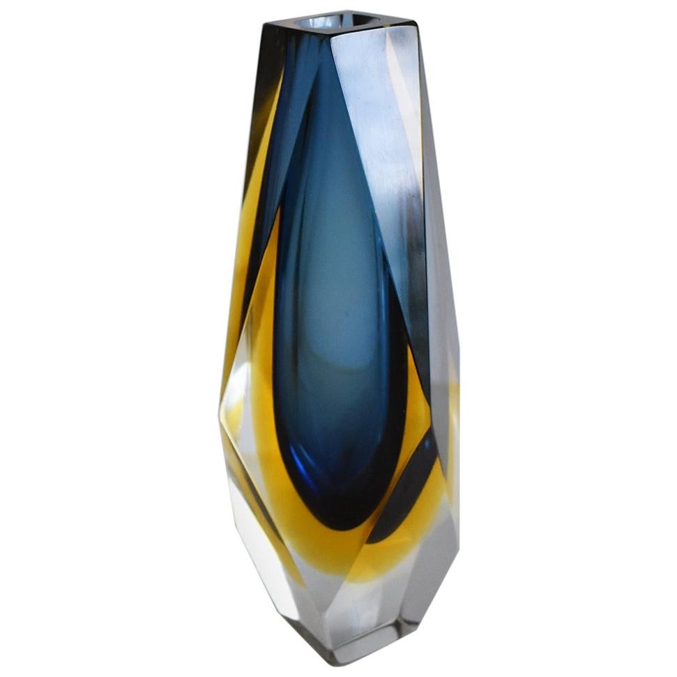 Midcentury Faceted Murano Glass Strong Blue and Yellow Sommerso Vase