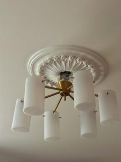 MidCentury Fagerhult Semi Flush Mount Chandelier Opaline Glass, Sweden, 1960