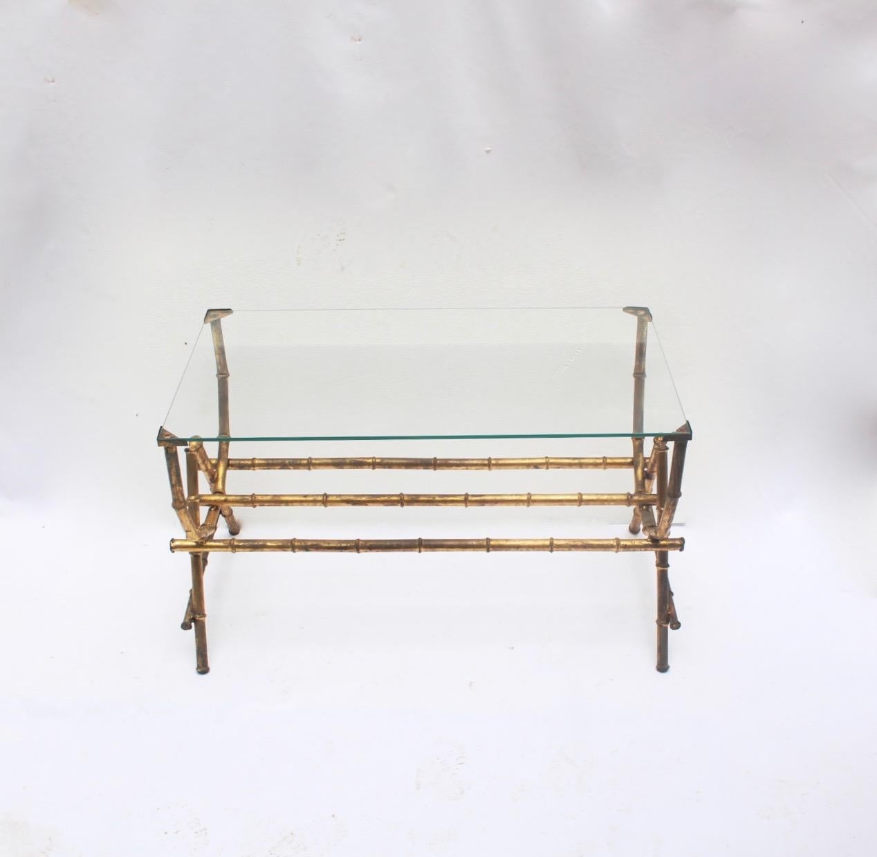 Midcentury Faux Bamboo Gilt Iron and Glass Coffee Side Table, Spain, 1950s For Sale 8