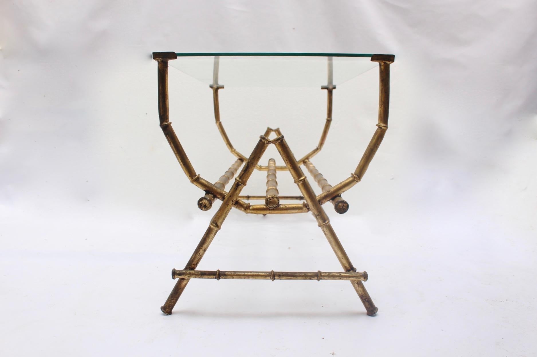 Midcentury Faux Bamboo Gilt Iron and Glass Coffee Side Table, Spain, 1950s For Sale 13