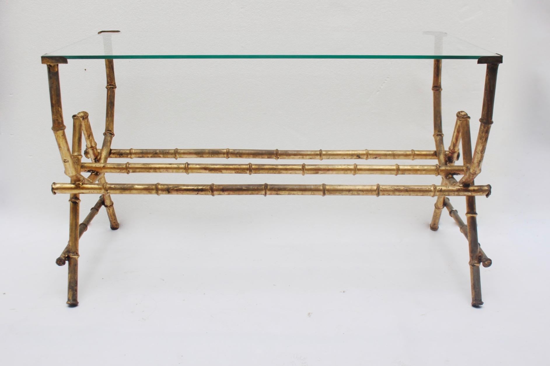 Mid-Century Modern Midcentury Faux Bamboo Gilt Iron and Glass Coffee Side Table, Spain, 1950s For Sale