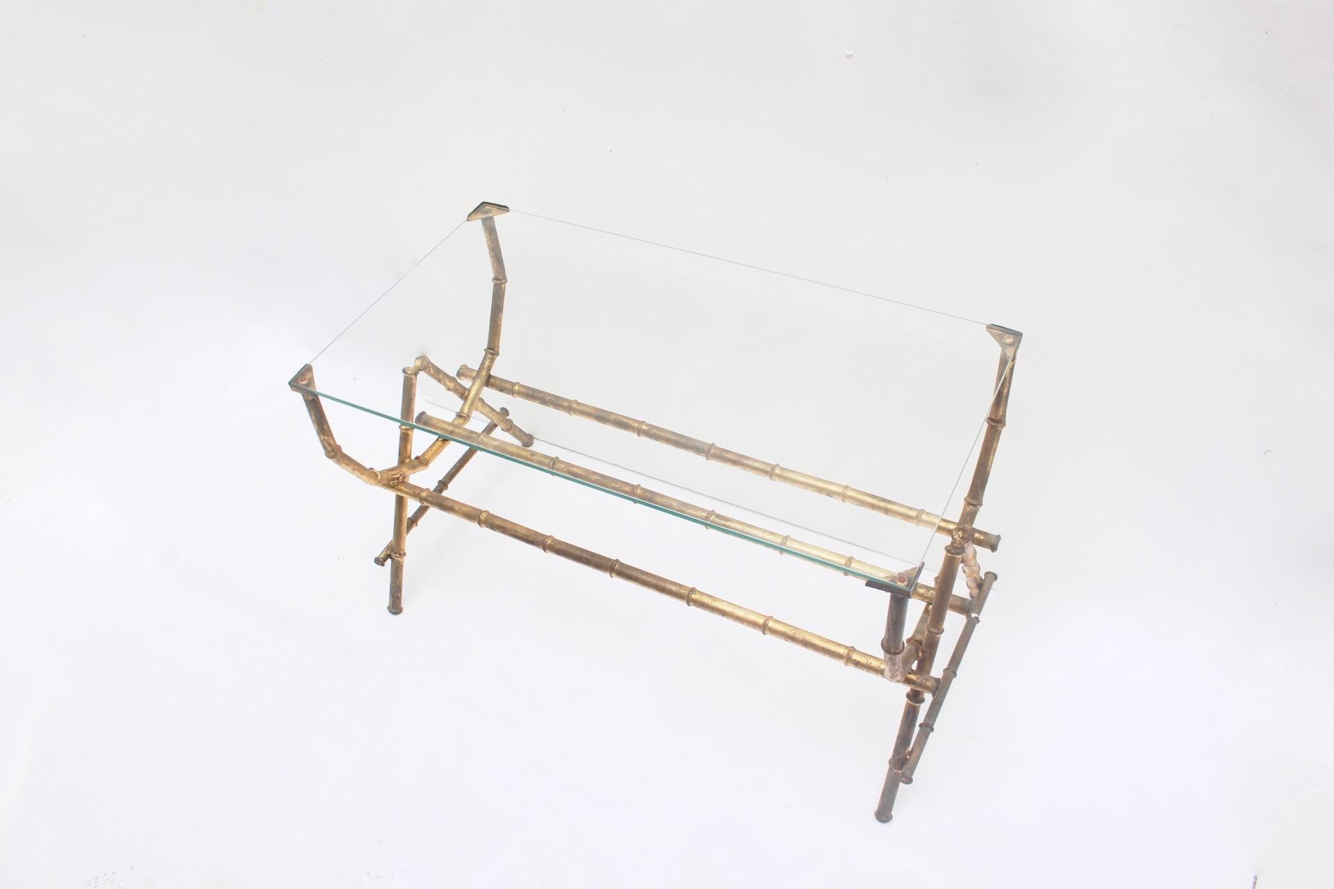 Spanish Midcentury Faux Bamboo Gilt Iron and Glass Coffee Side Table, Spain, 1950s For Sale