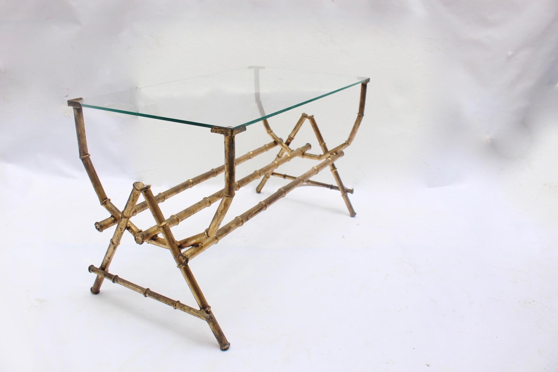 Mid-20th Century Midcentury Faux Bamboo Gilt Iron and Glass Coffee Side Table, Spain, 1950s For Sale