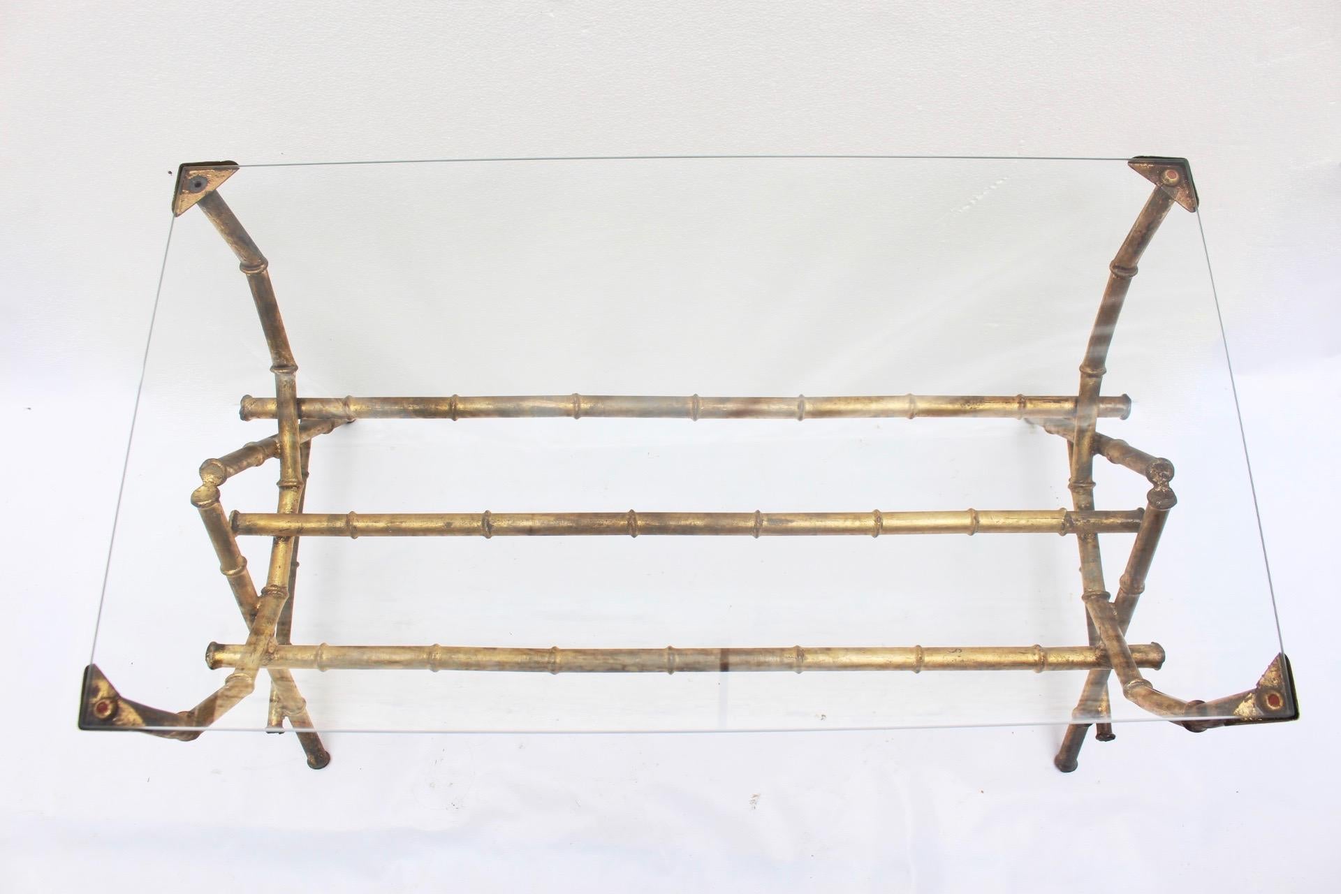 Midcentury Faux Bamboo Gilt Iron and Glass Coffee Side Table, Spain, 1950s For Sale 1