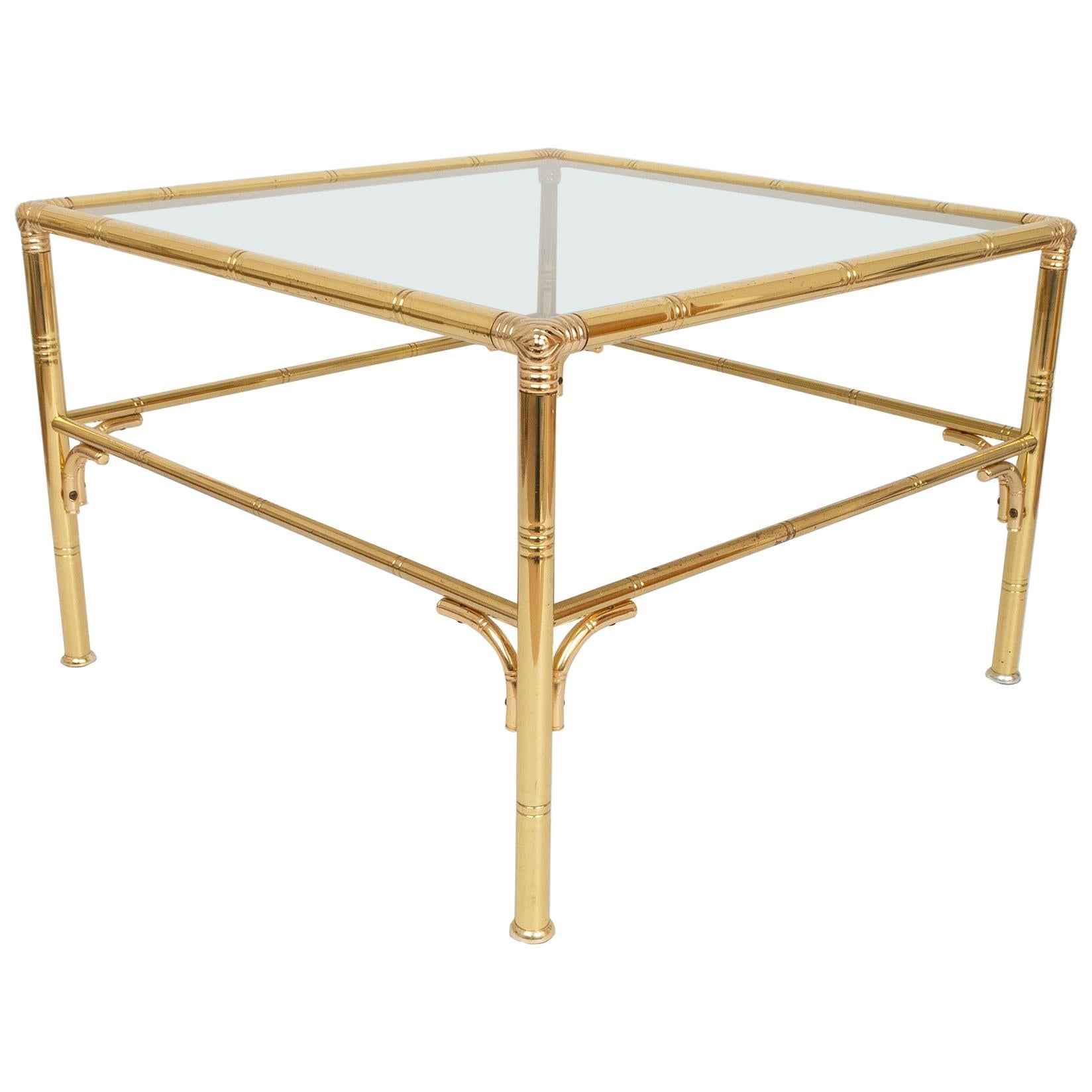 Midcentury Faux Bamboo Gold Brass & Glass Square Coffee Table, Italy, circa 1970