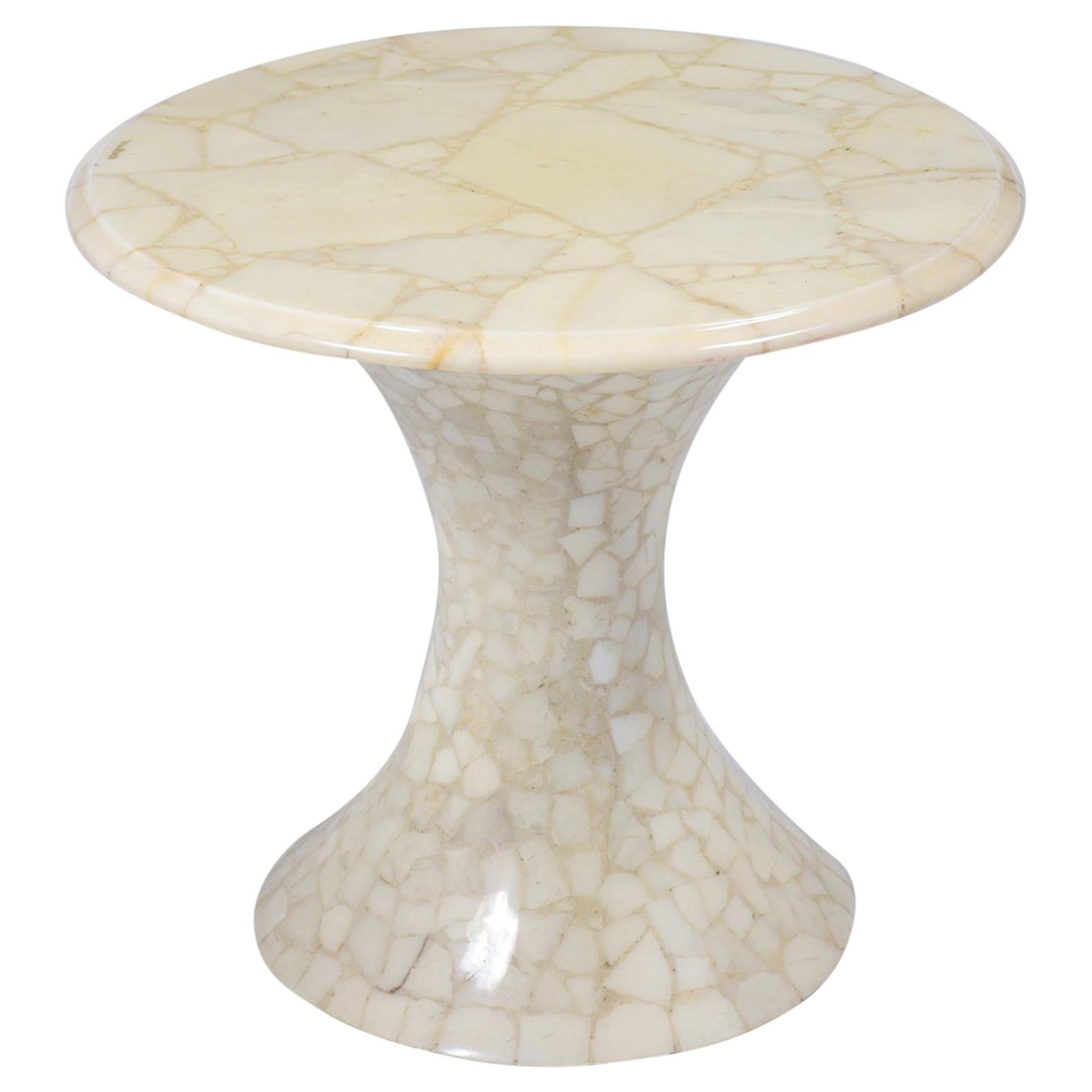Vintage Wood Side Table with Faux Ivory Marble Veneer & Tulip Design