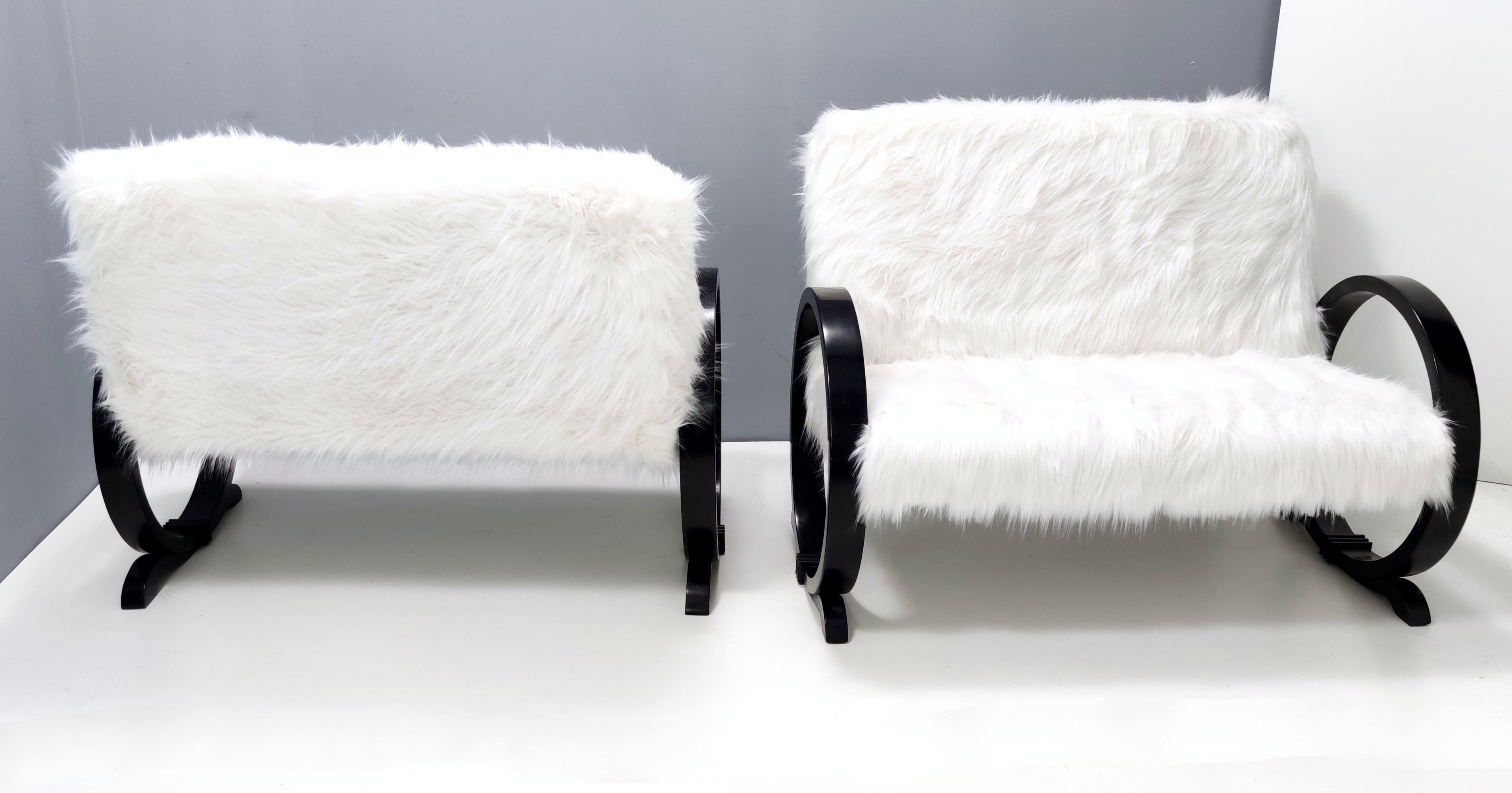 Art Deco Vintage White Faux Fur Sofa with Black Wooden Frame, Italy