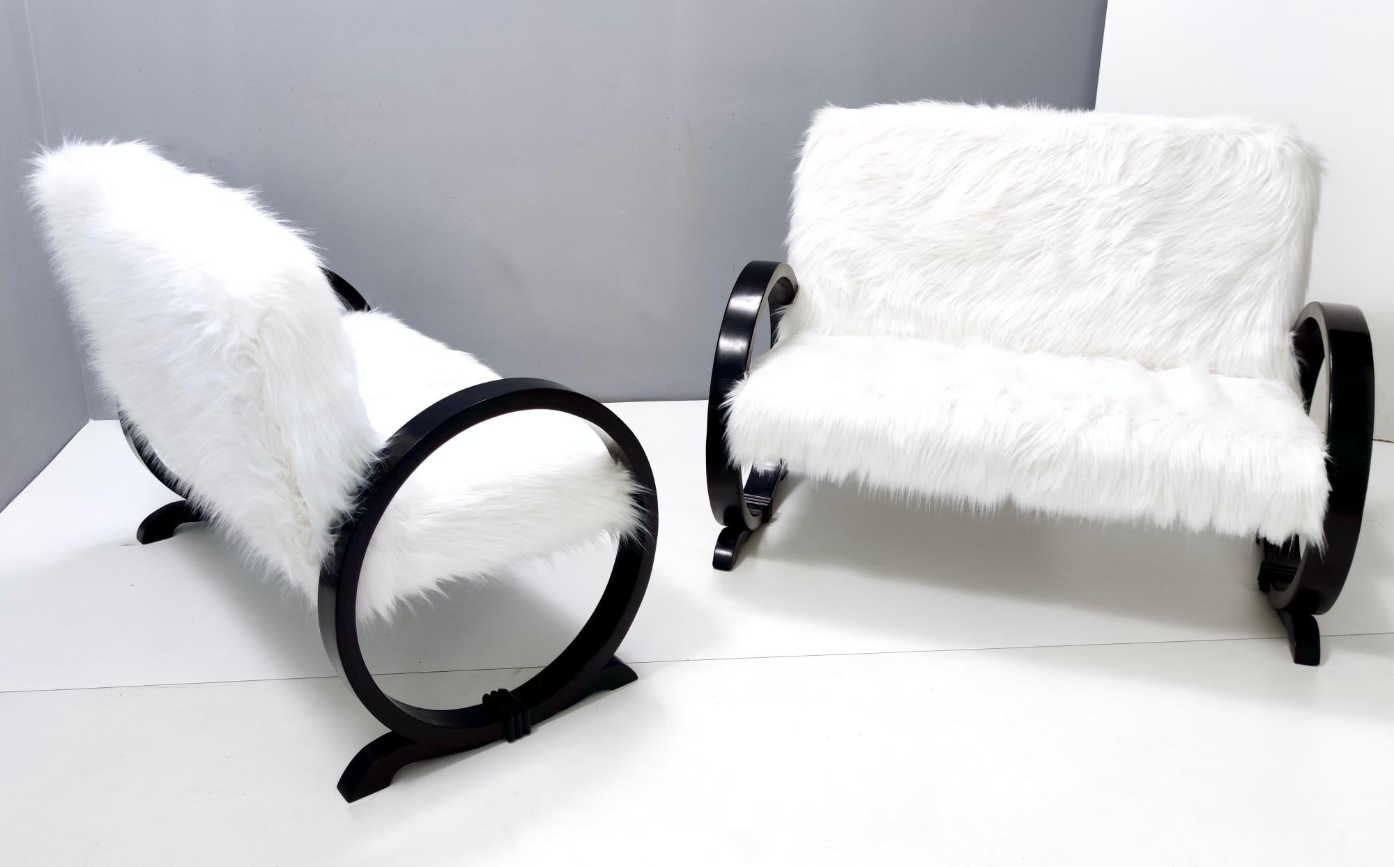 Ebonized Vintage White Faux Fur Sofa with Black Wooden Frame, Italy