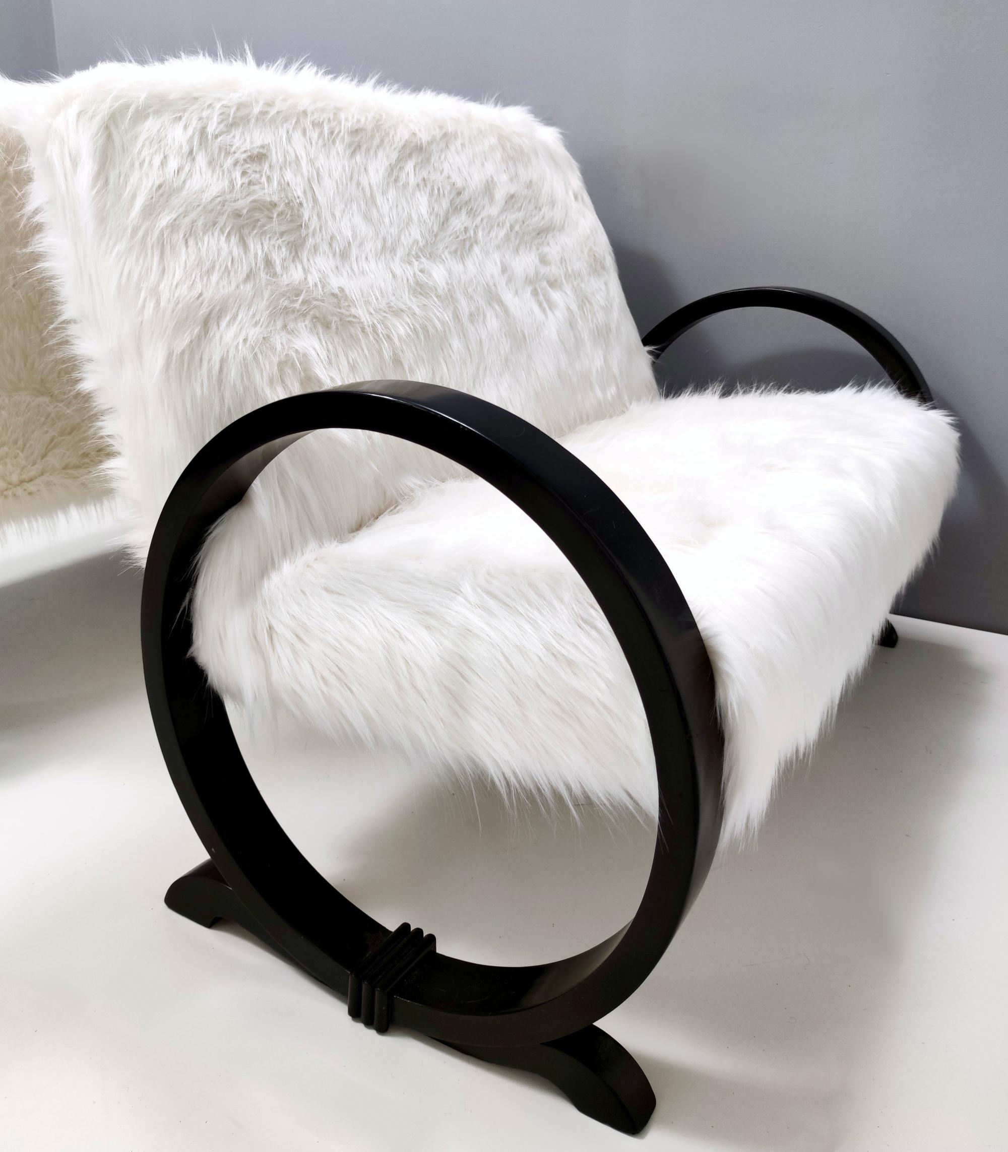 Beech Vintage White Faux Fur Sofa with Black Wooden Frame, Italy