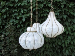 Midcentury Feldman Triple Pendant Italian Caged Latticino Glass Chandelier Lamp