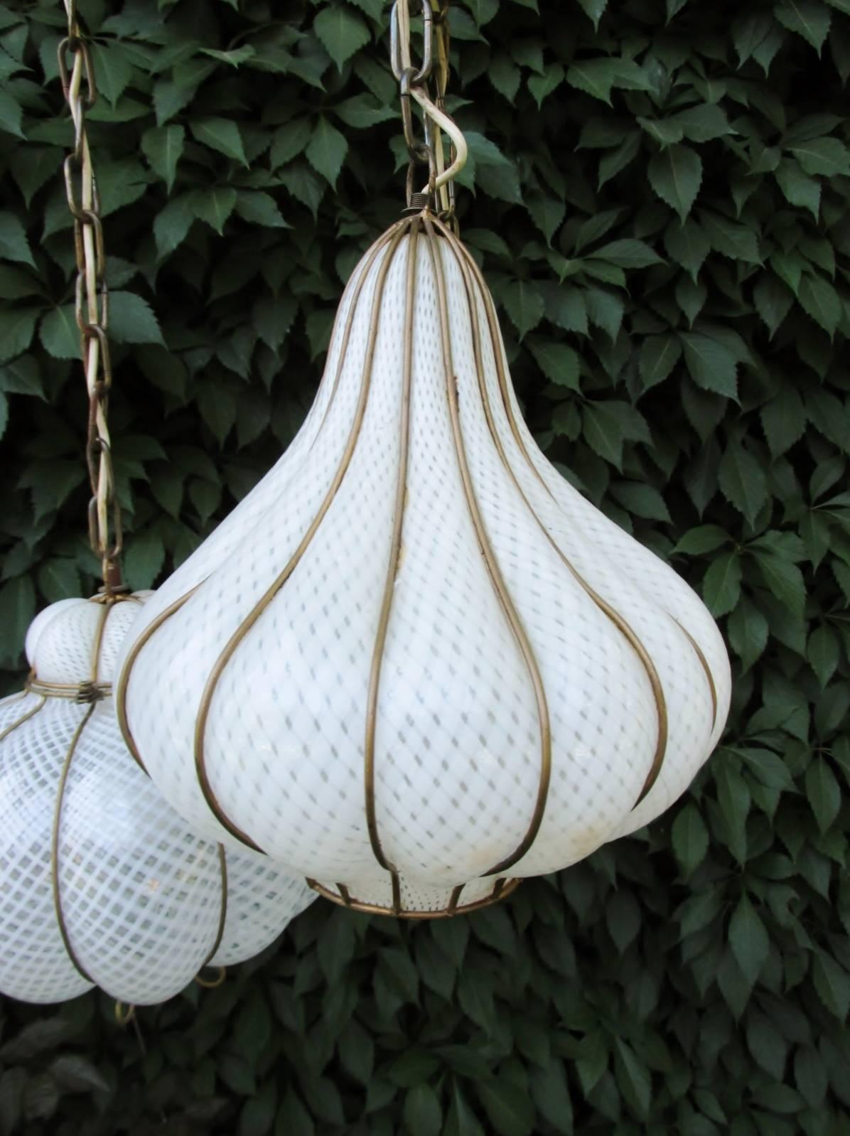 Blown Glass Midcentury Feldman Triple Pendant Italian Caged Latticino Glass Chandelier Lamp For Sale