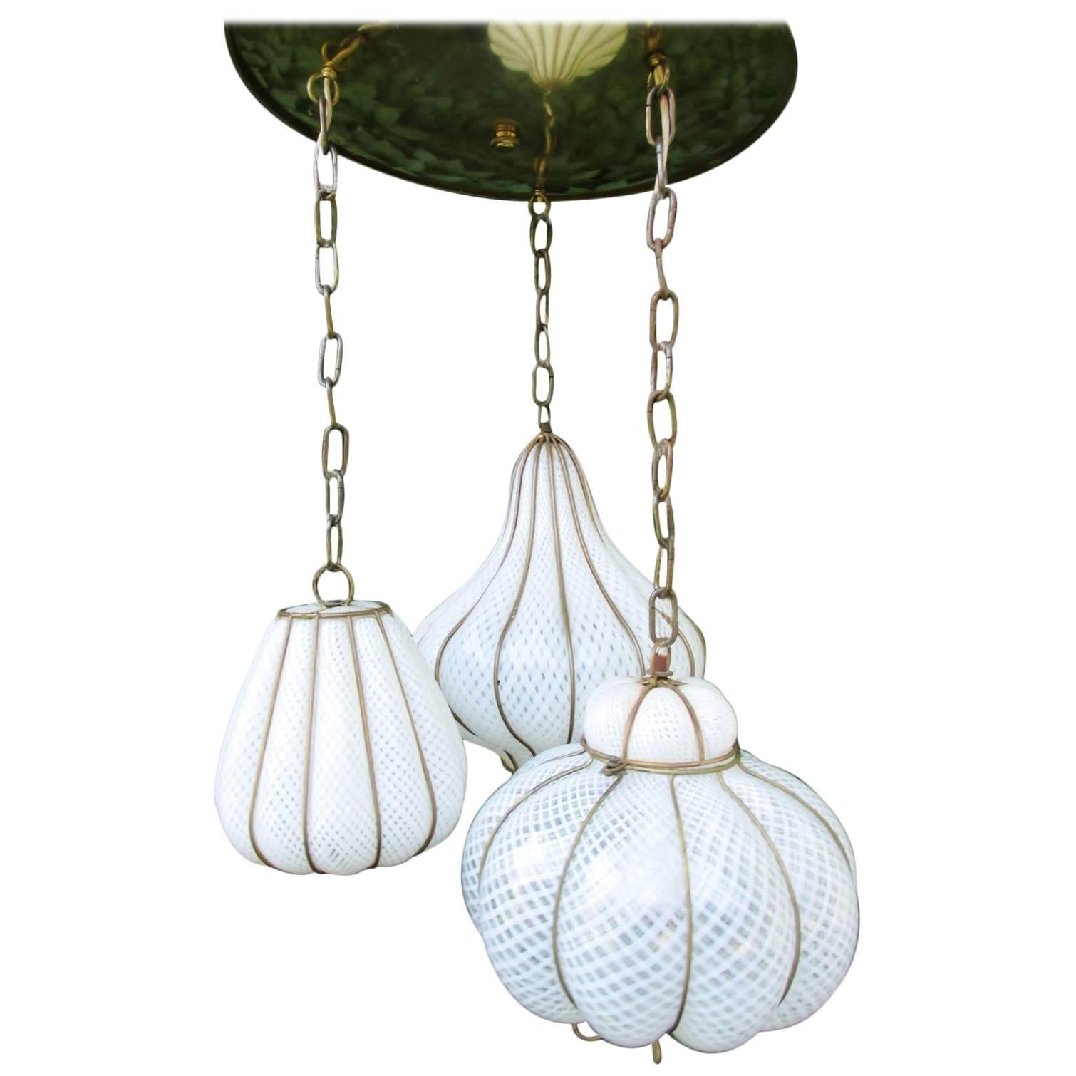 Midcentury Feldman Triple Pendant Italian Caged Latticino Glass Chandelier Lamp For Sale