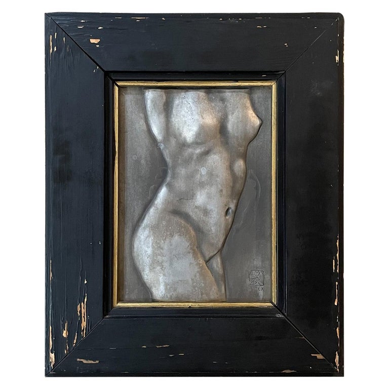 Midcentury Female Nude Torso Vintage Framed Metal Wall Art in Black Signed 1960s