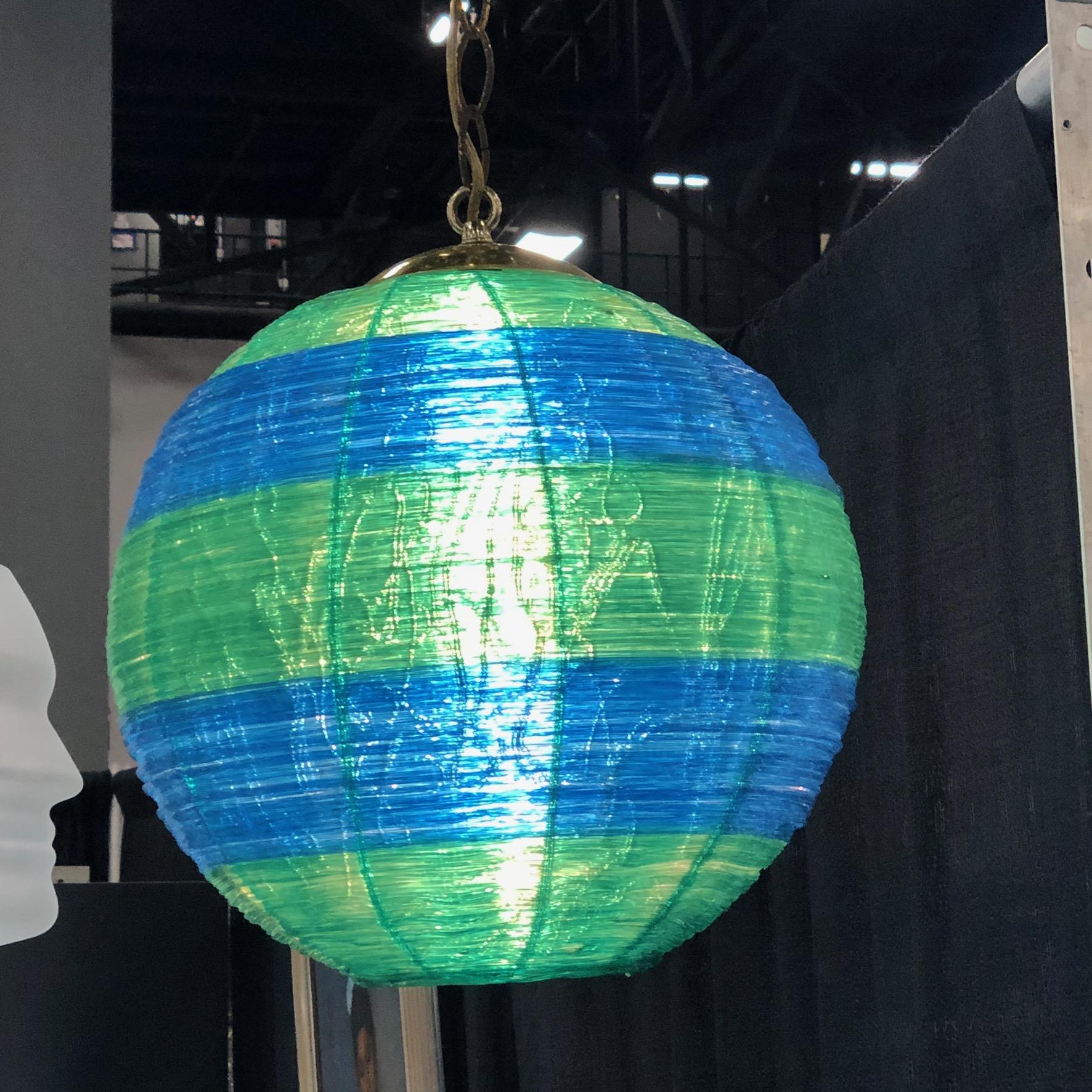 Midcentury Fiberglass Green and Blue Hanging Ball Lamp 1