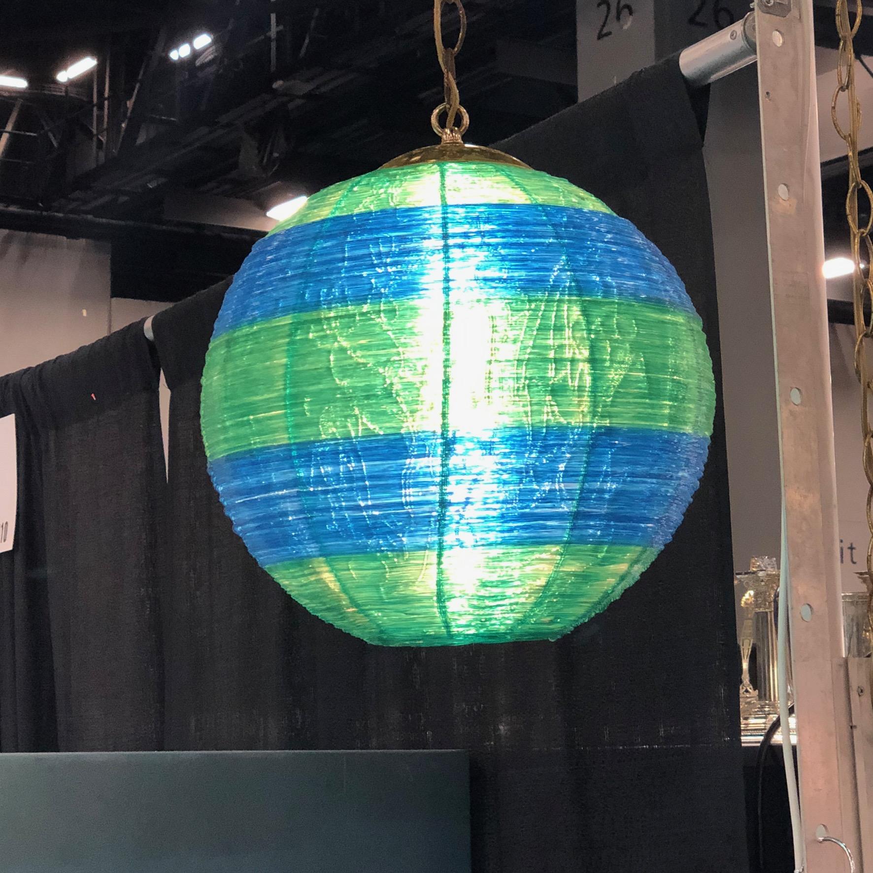 Midcentury Fiberglass Green and Blue Hanging Ball Lamp 2