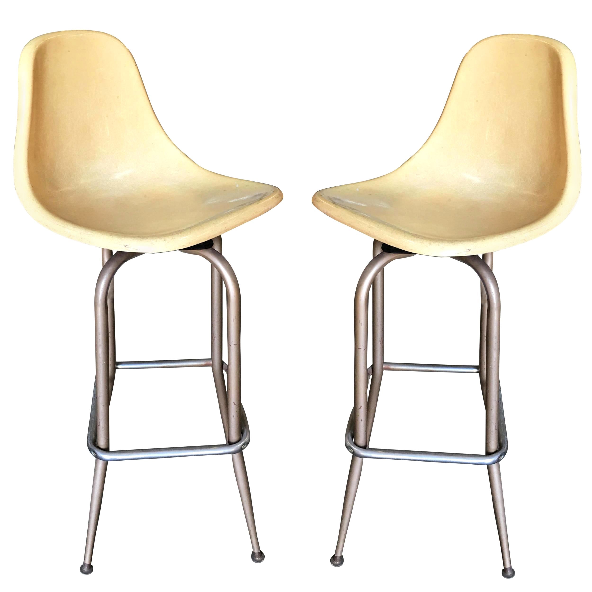 Midcentury Fiberglass Shell Swivel Bar Stool, Pair