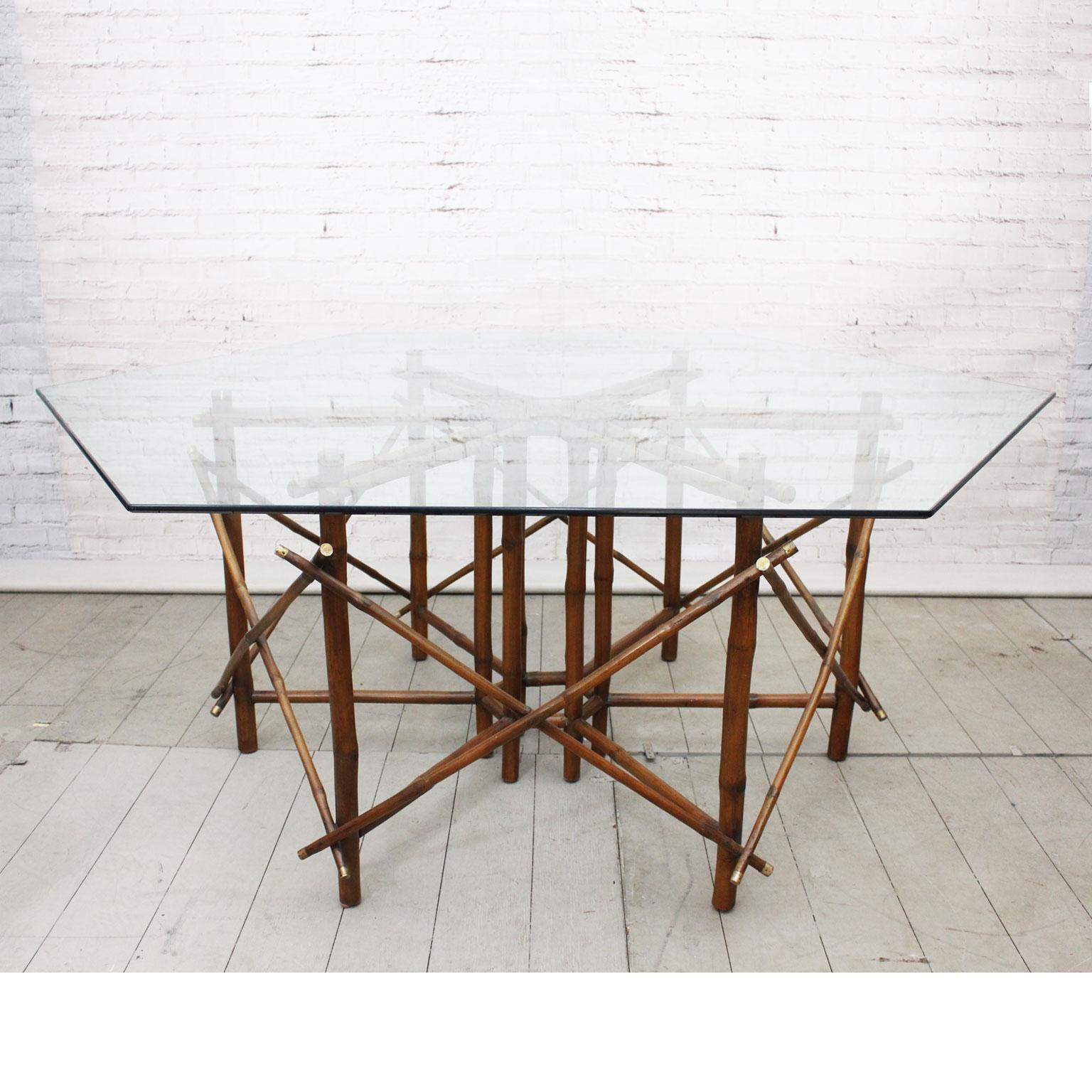 American Midcentury Ficks Reed Bamboo, Brass and Glass Dining Table by John Wisner For Sale