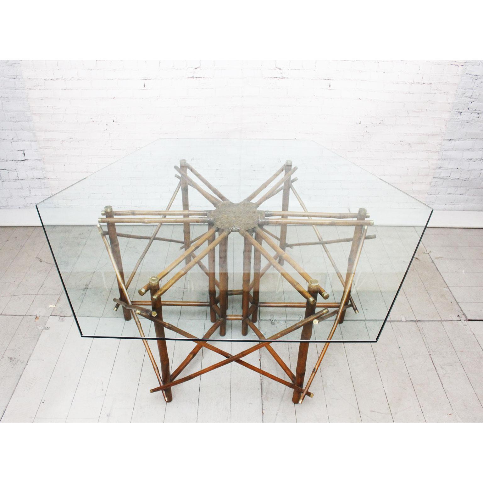 Midcentury Ficks Reed Bamboo, Brass and Glass Dining Table by John Wisner In Excellent Condition For Sale In Kent, GB