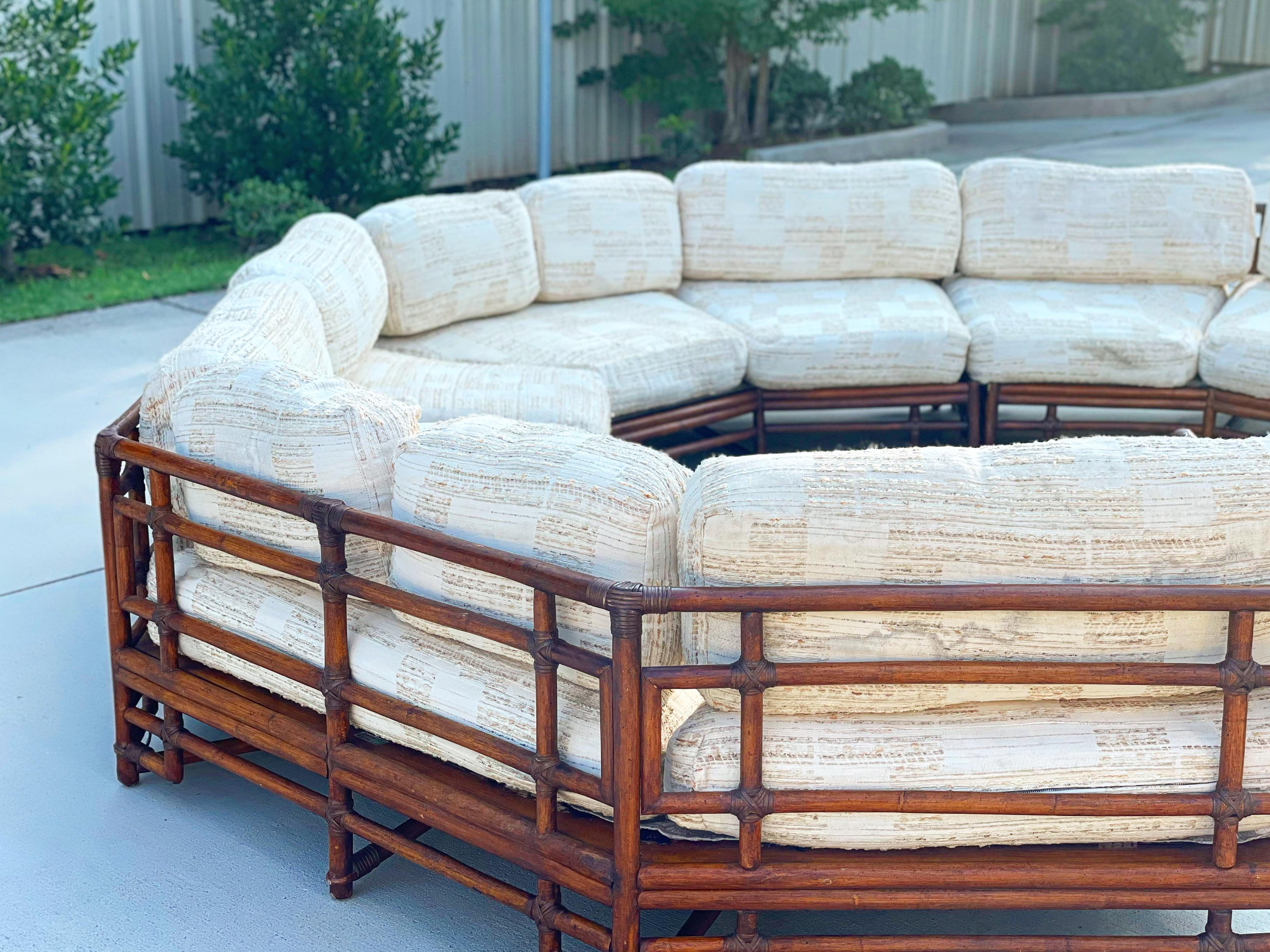 Organic Modern Midcentury Ficks Reed Rattan Semi Circular Sofa, Large Circle Sectional