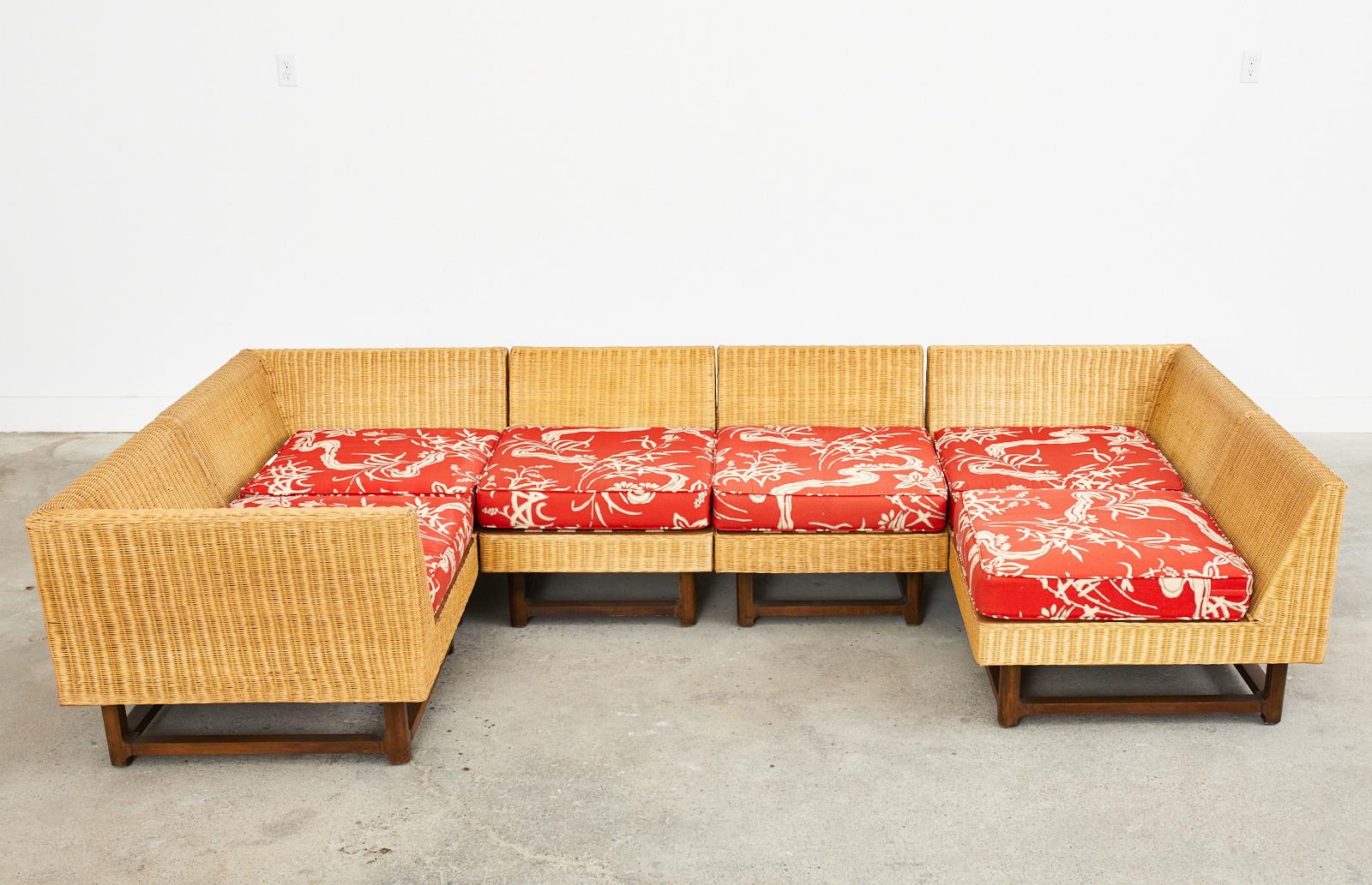 Rare MCM woven rattan wicker six-piece sectional sofa attributed to Paul Laszlo for Ficks Reed consisting of three corner elements measuring 32.5