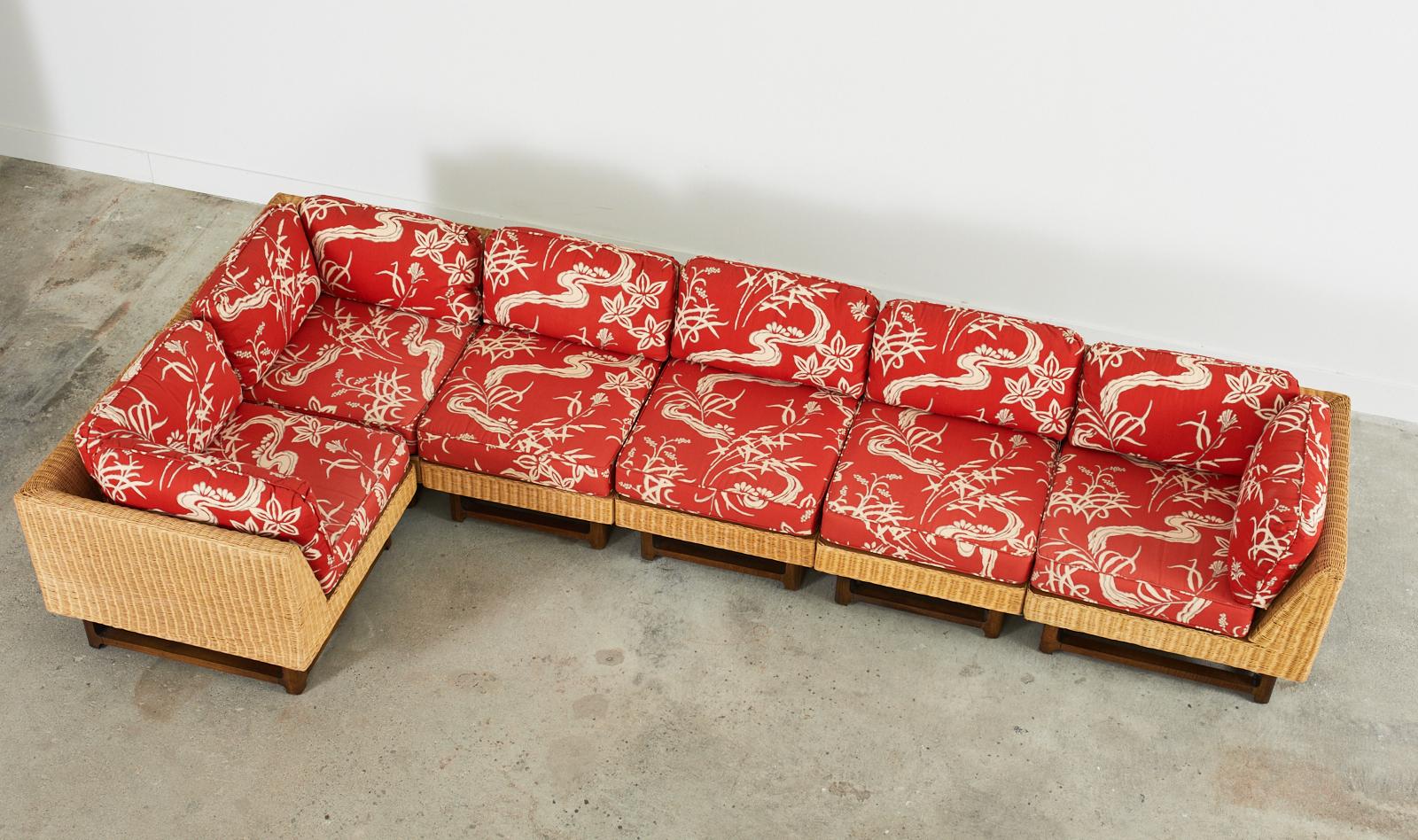 American Midcentury Ficks Reed Rattan Wicker Six-Piece Sectional Sofa